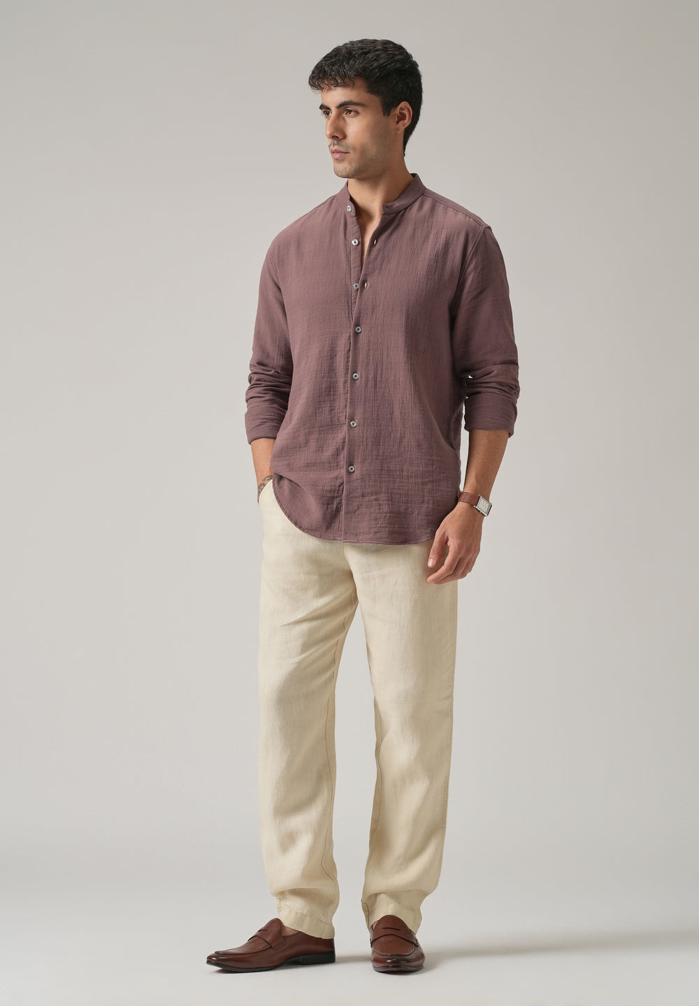 Mauve Plain Mandarin Collar Cotton Shirt
