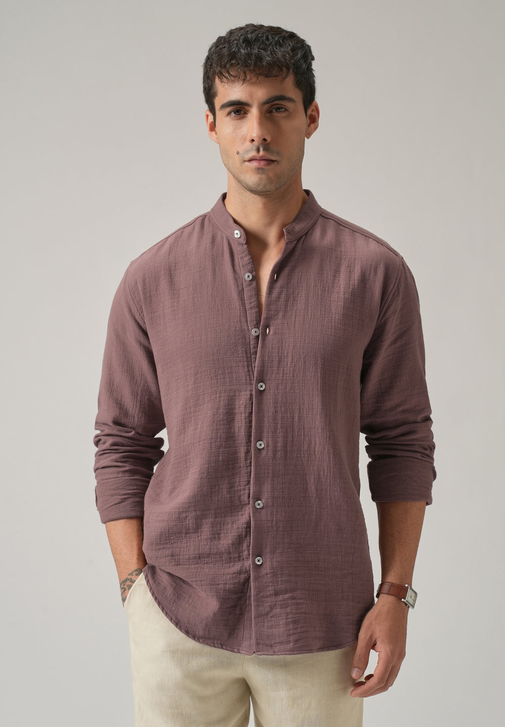 Mauve Plain Mandarin Collar Cotton Shirt