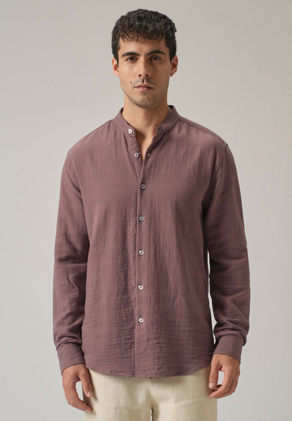 Mauve Plain Mandarin Collar Cotton Shirt