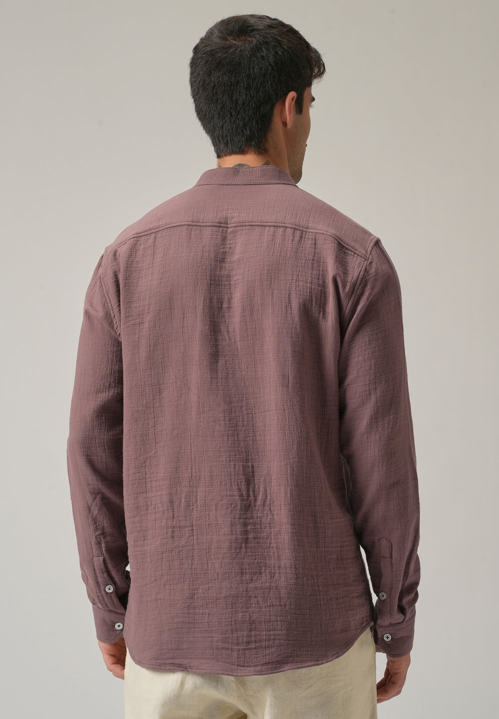 Mauve Plain Mandarin Collar Cotton Shirt