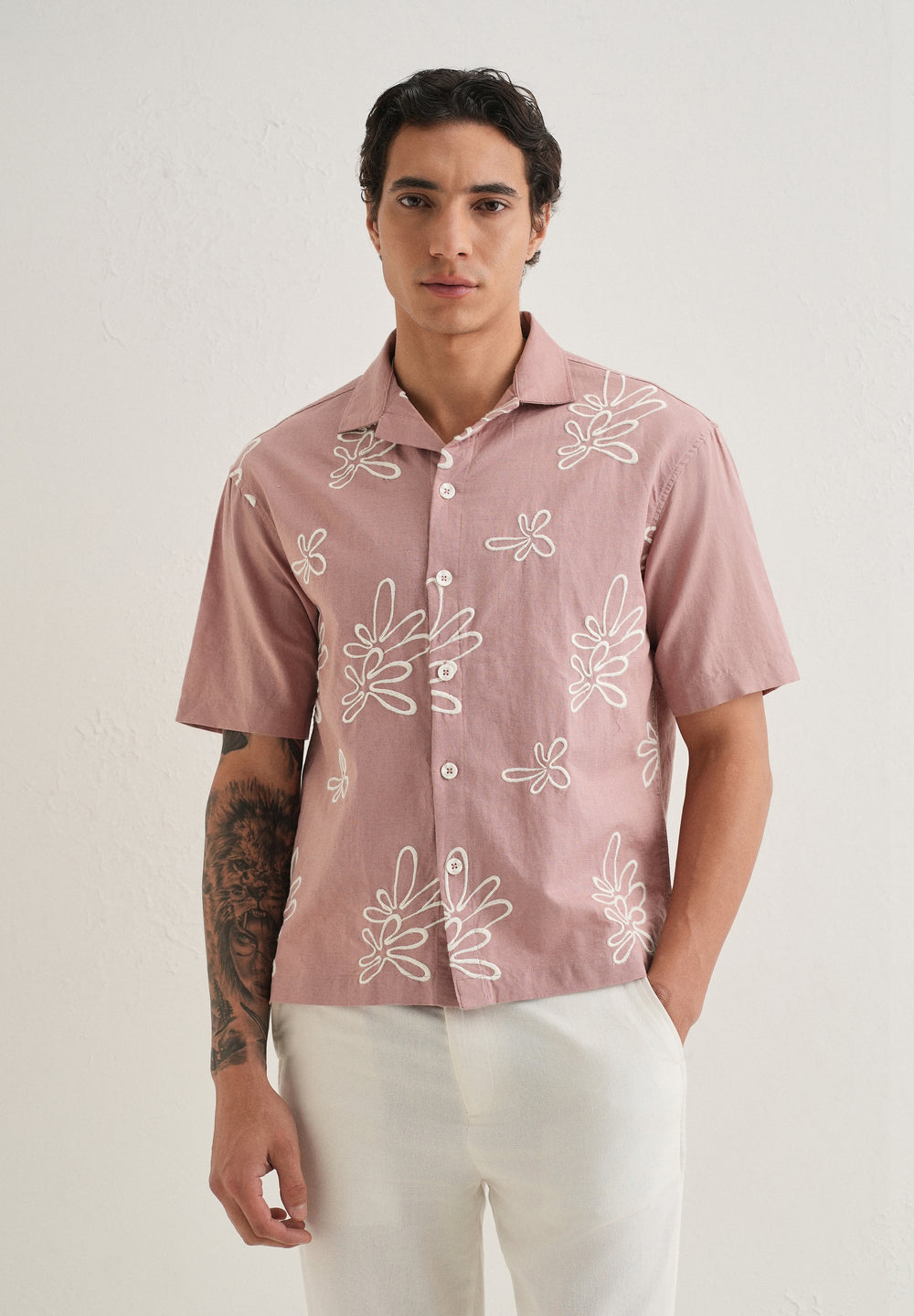 Mauve Pink Embroidered Cotton Linen Shirt