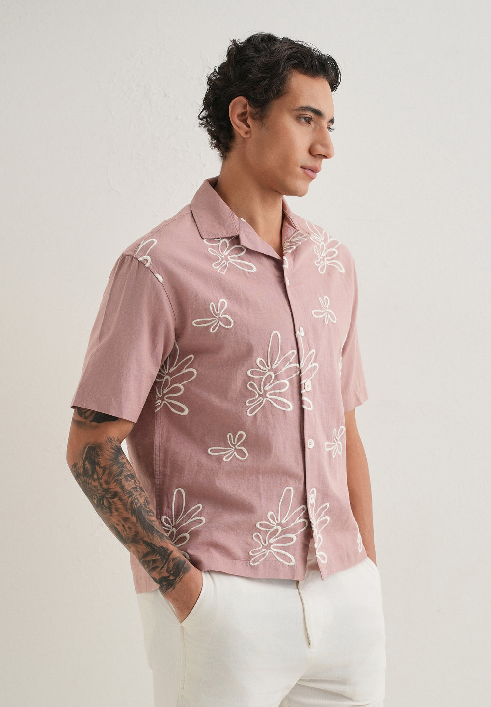 Mauve Pink Embroidered Cotton Linen Shirt