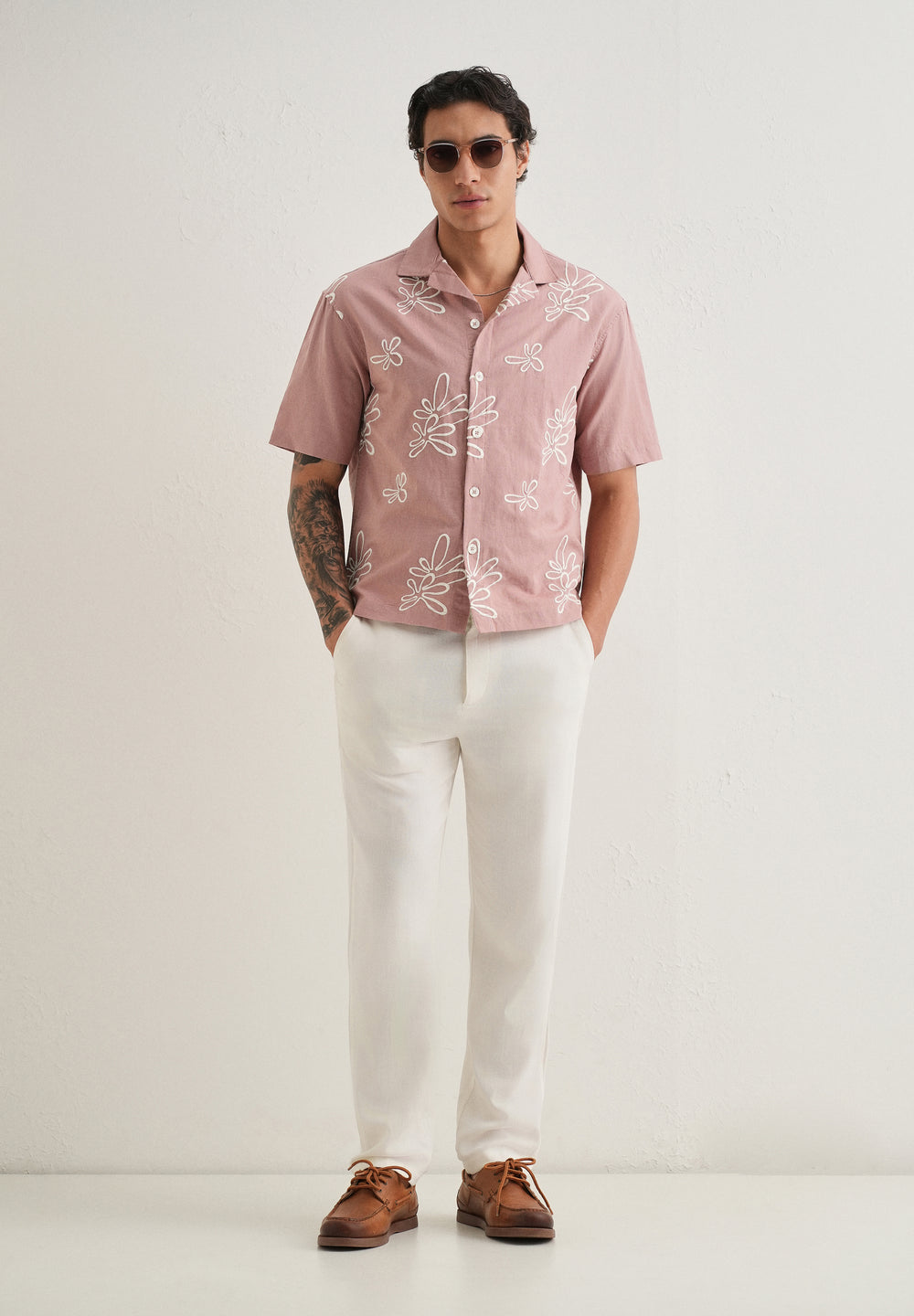 Mauve Pink Embroidered Cotton Linen Shirt