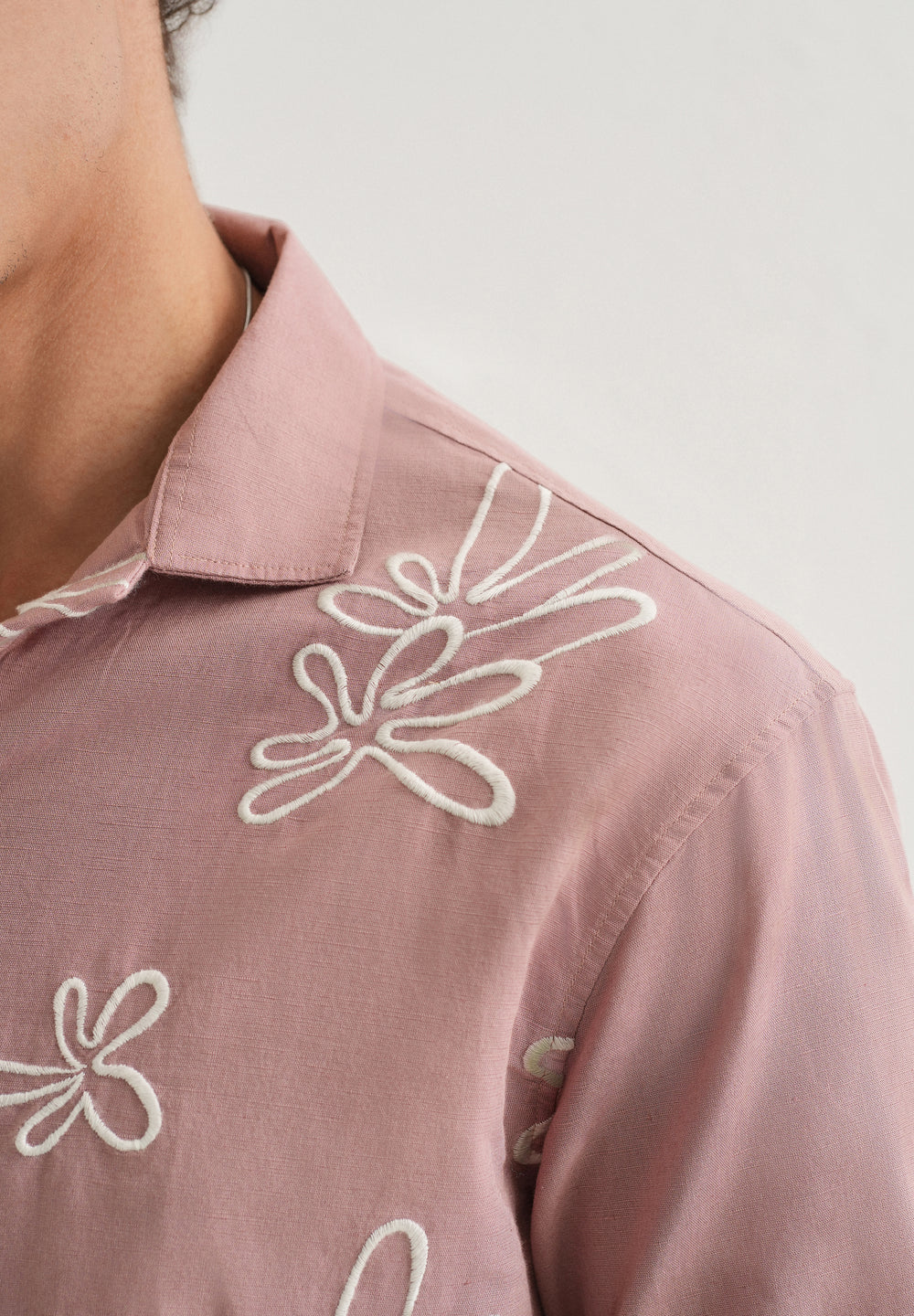 Mauve Pink Embroidered Cotton Linen Shirt