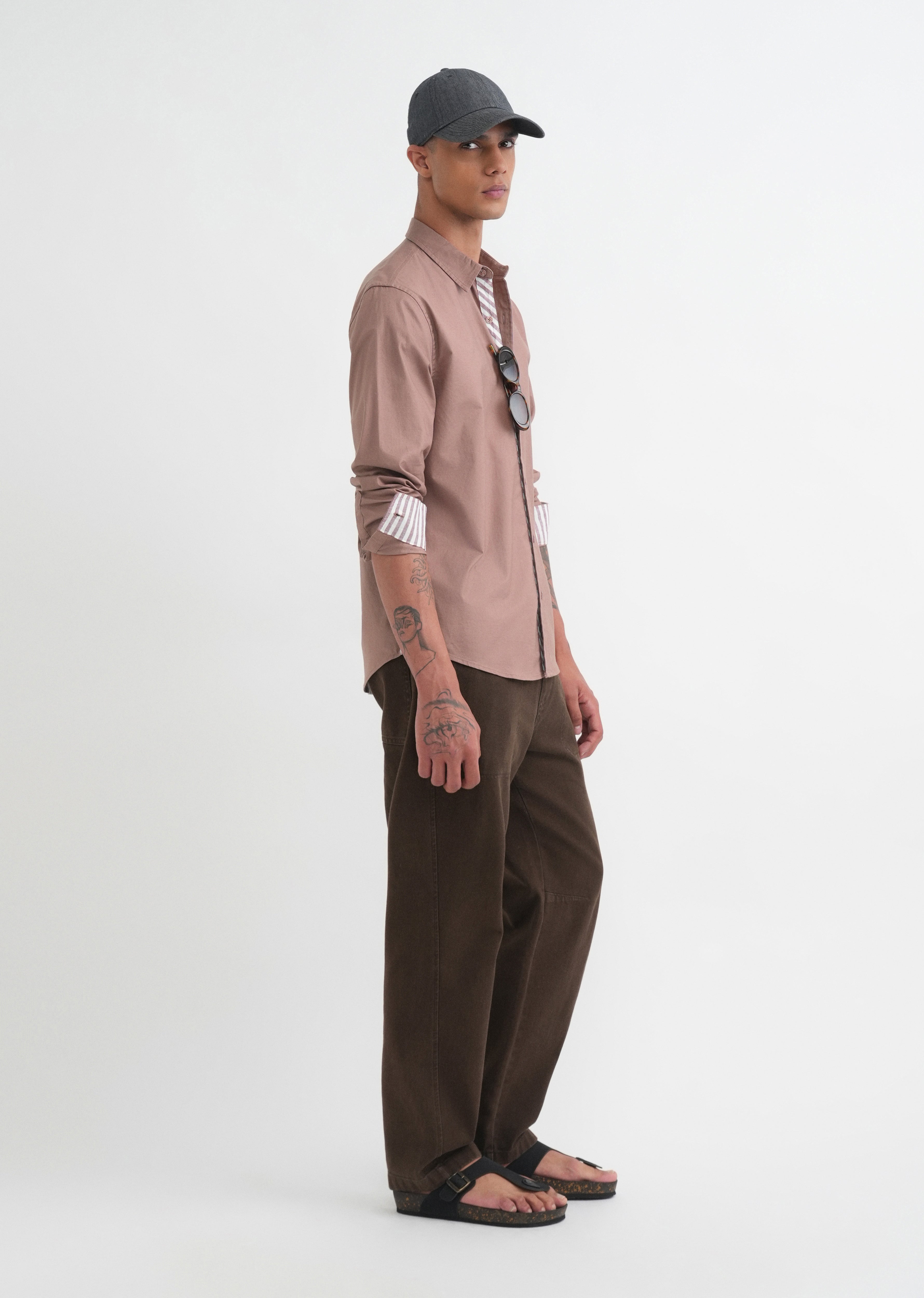 Mauve Striped Placket Cotton Shirt