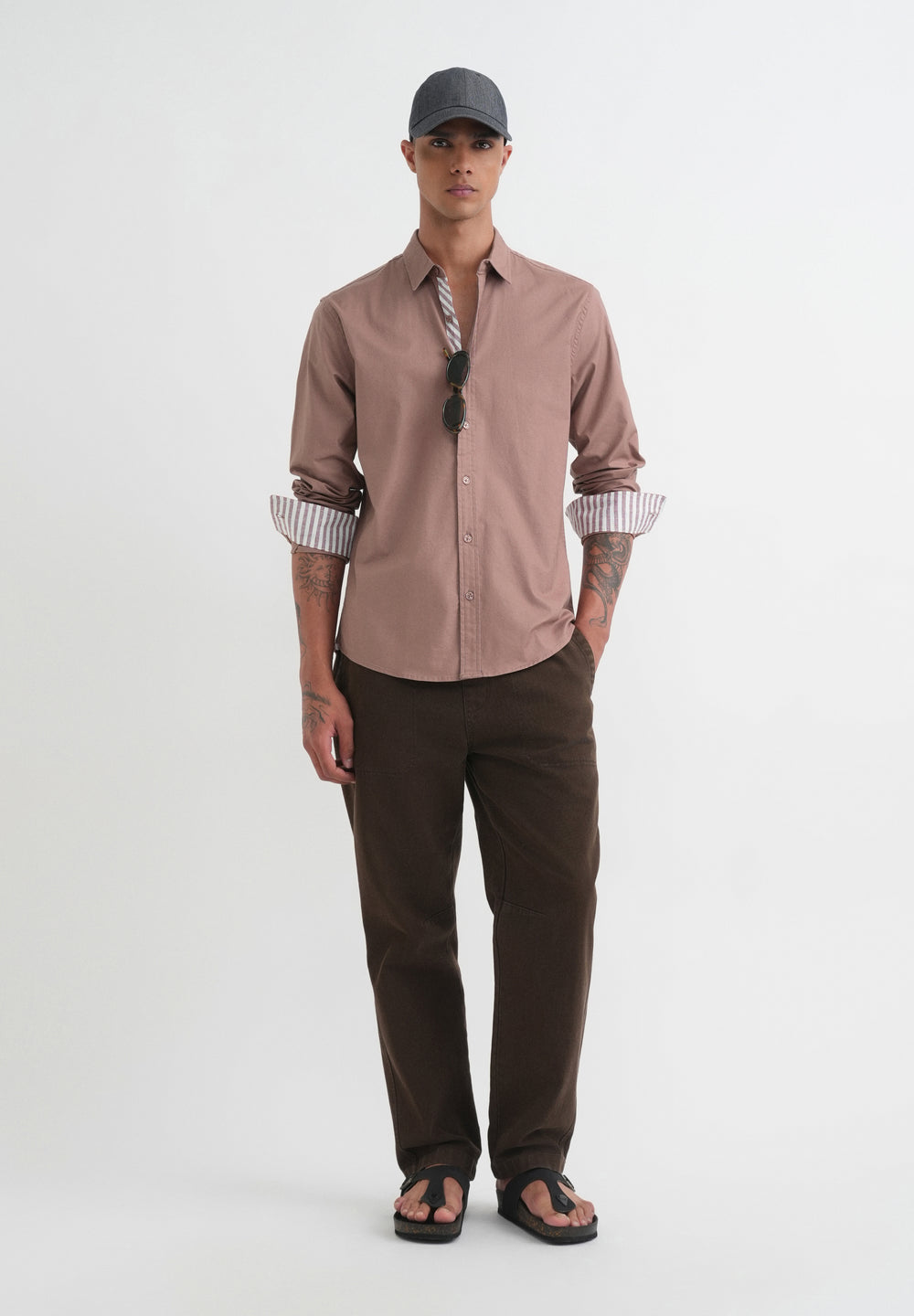 Mauve Striped Placket Cotton Shirt