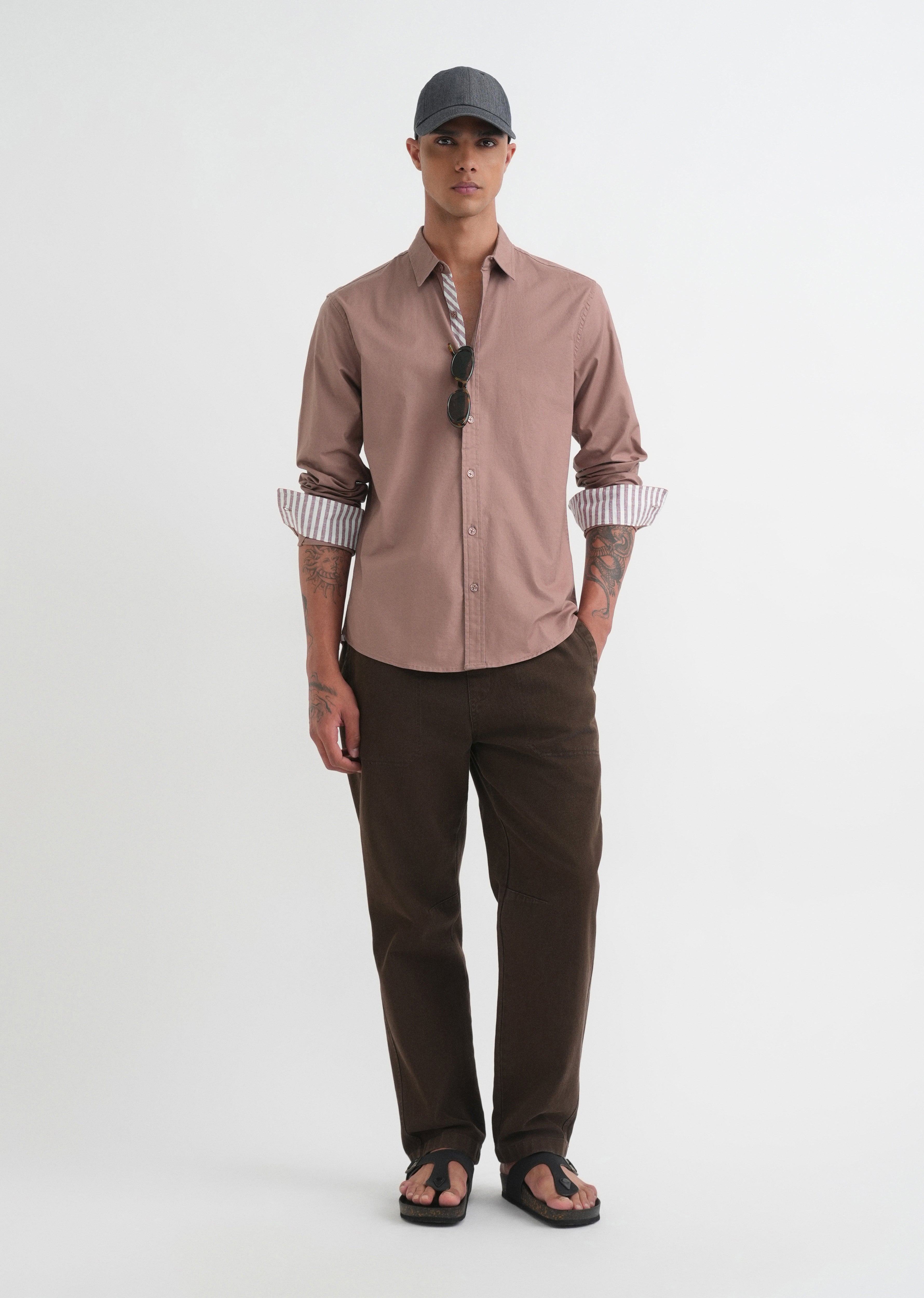 Mauve Striped Placket Cotton Shirt