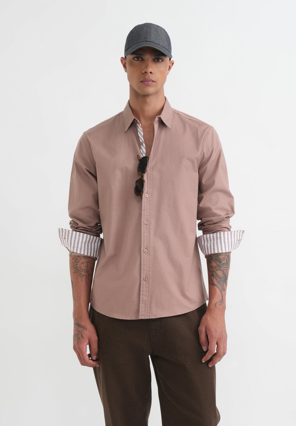 Mauve Striped Placket Cotton Shirt