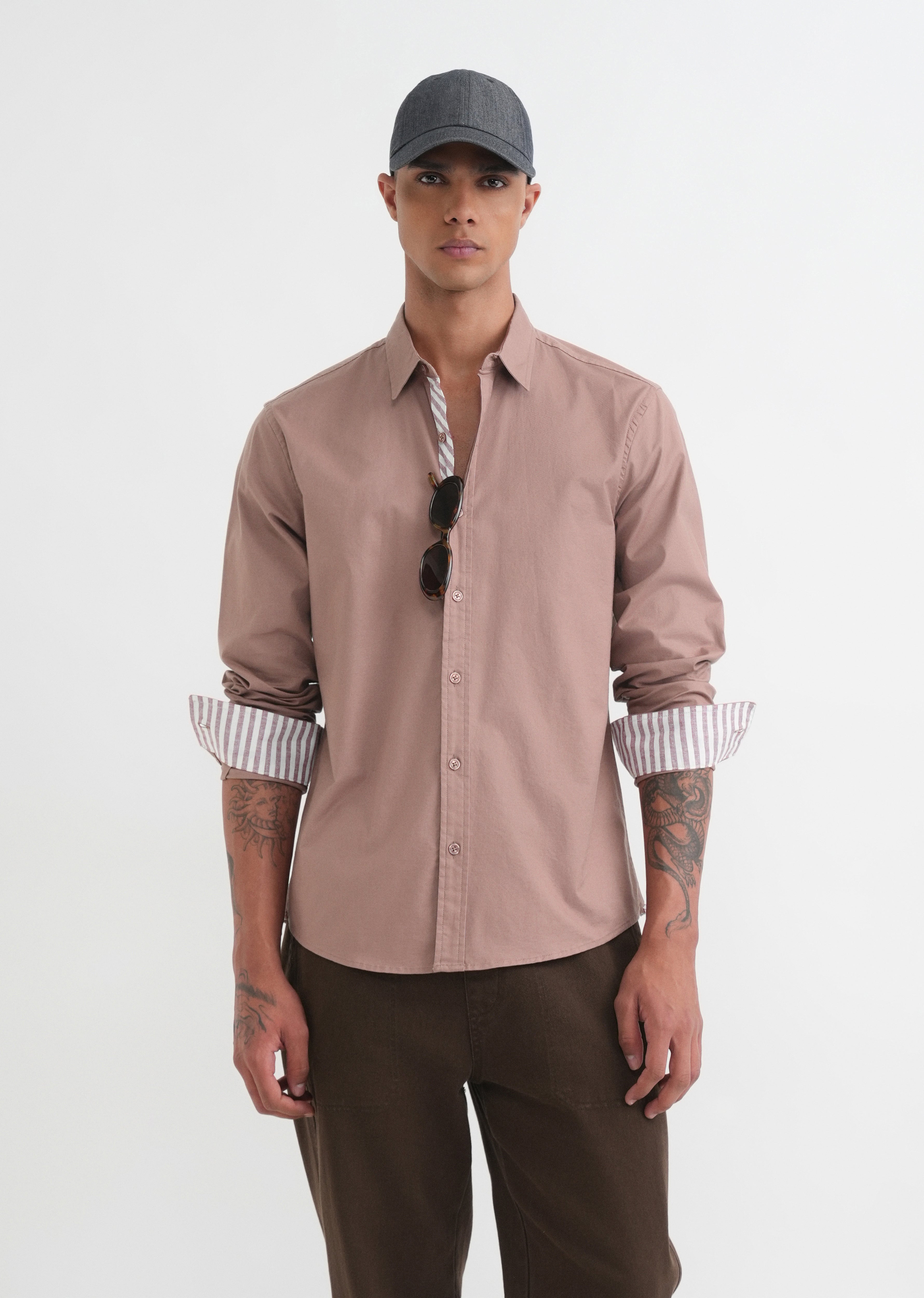 Mauve Striped Placket Cotton Shirt