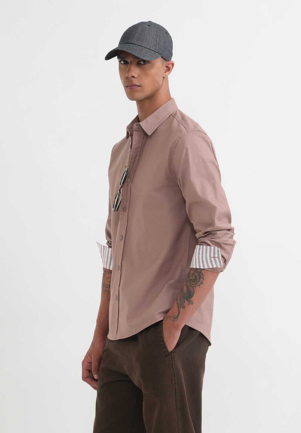 Mauve Striped Placket Cotton Shirt