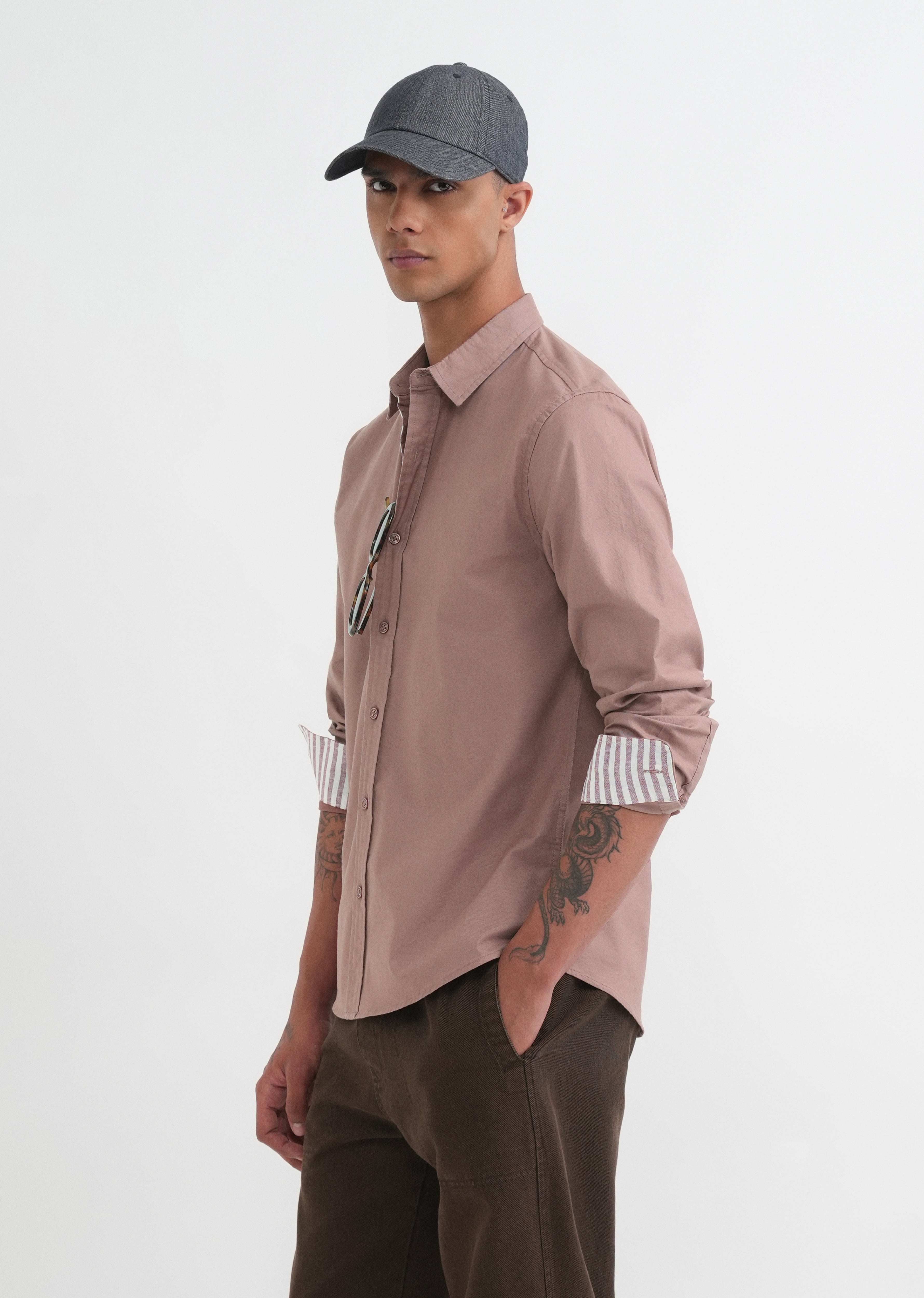 Mauve Striped Placket Cotton Shirt