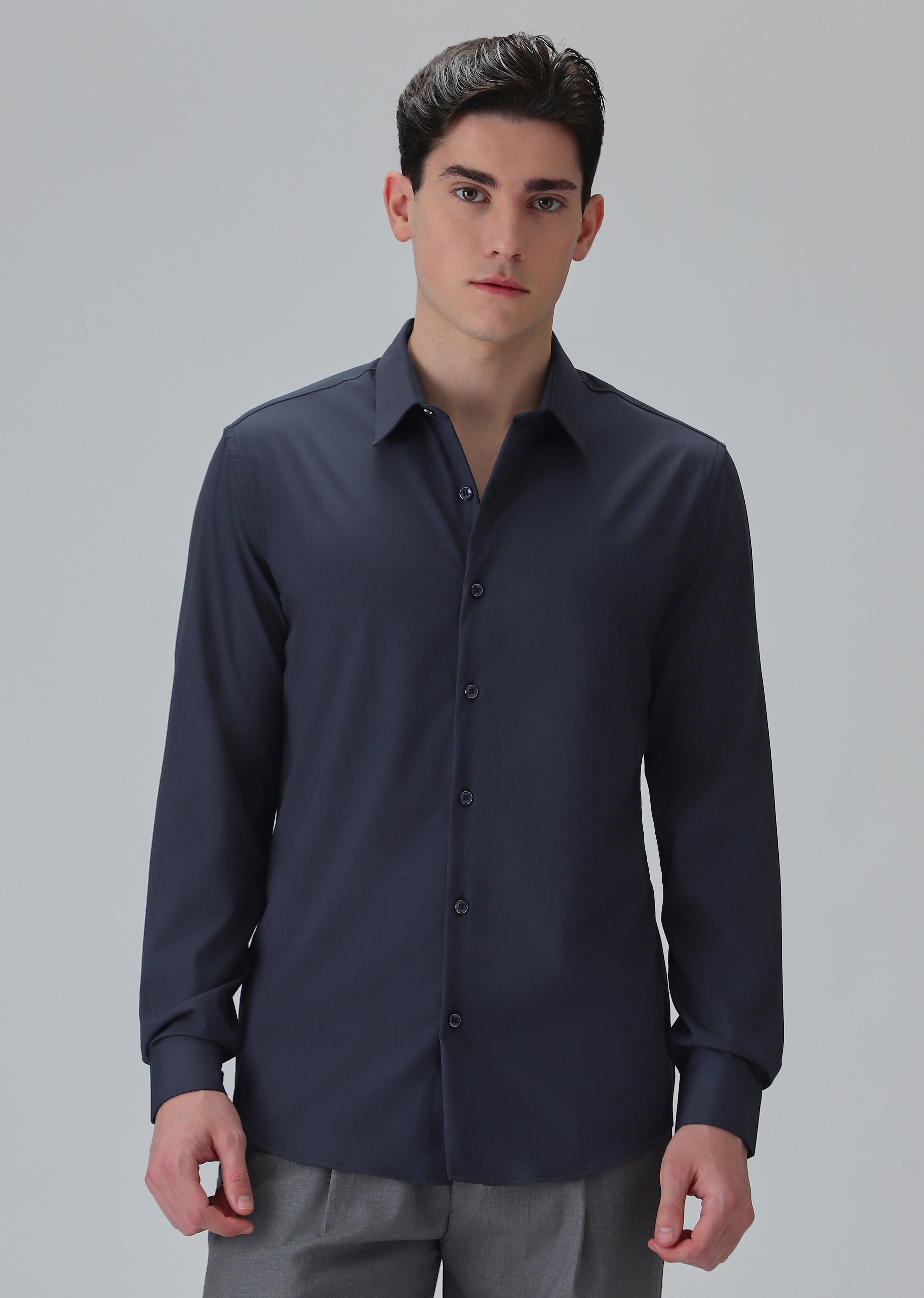 Melange Dark Blue Plain Wrinkle Free Shirt