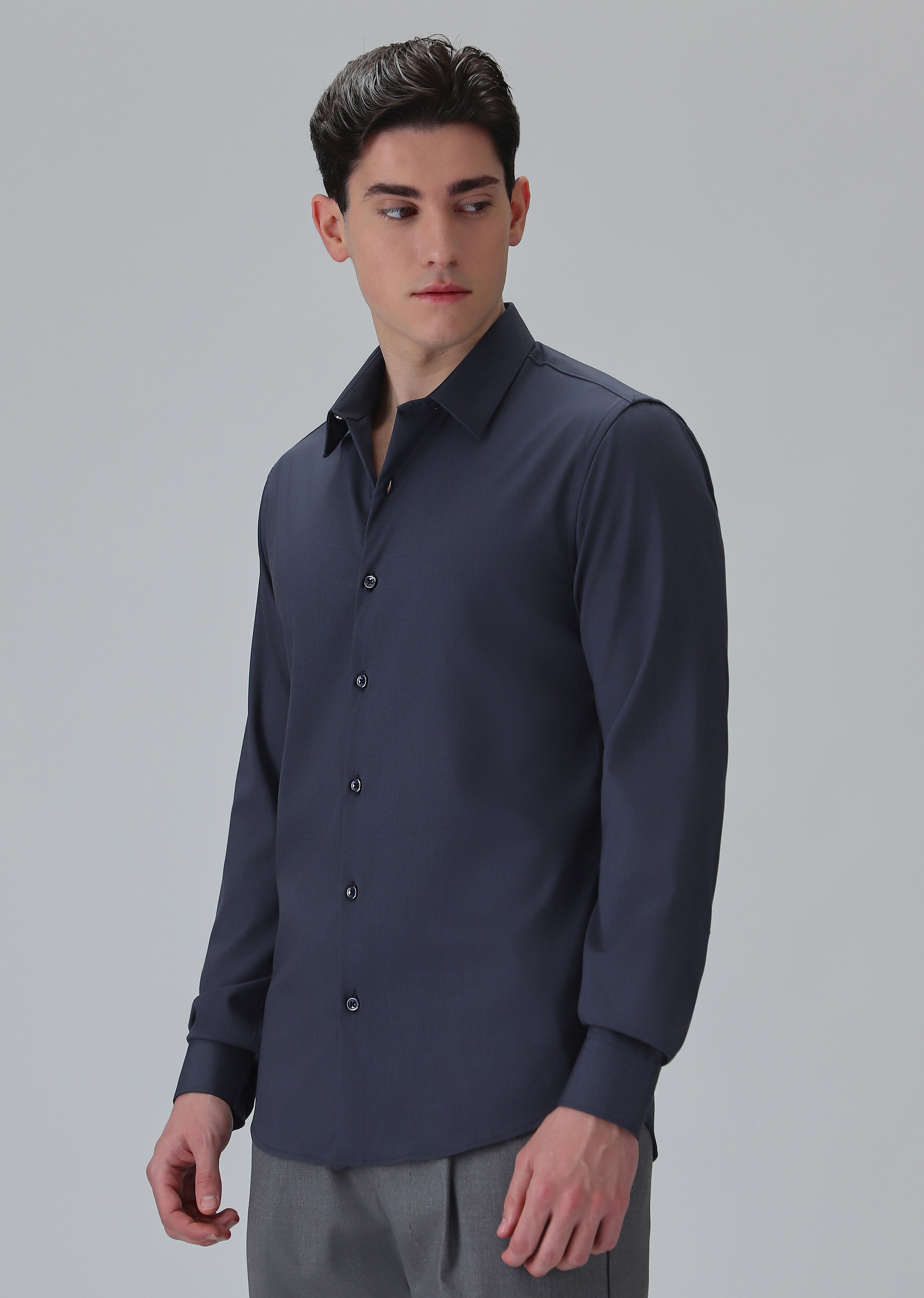 Melange Dark Blue Plain Wrinkle Free Shirt