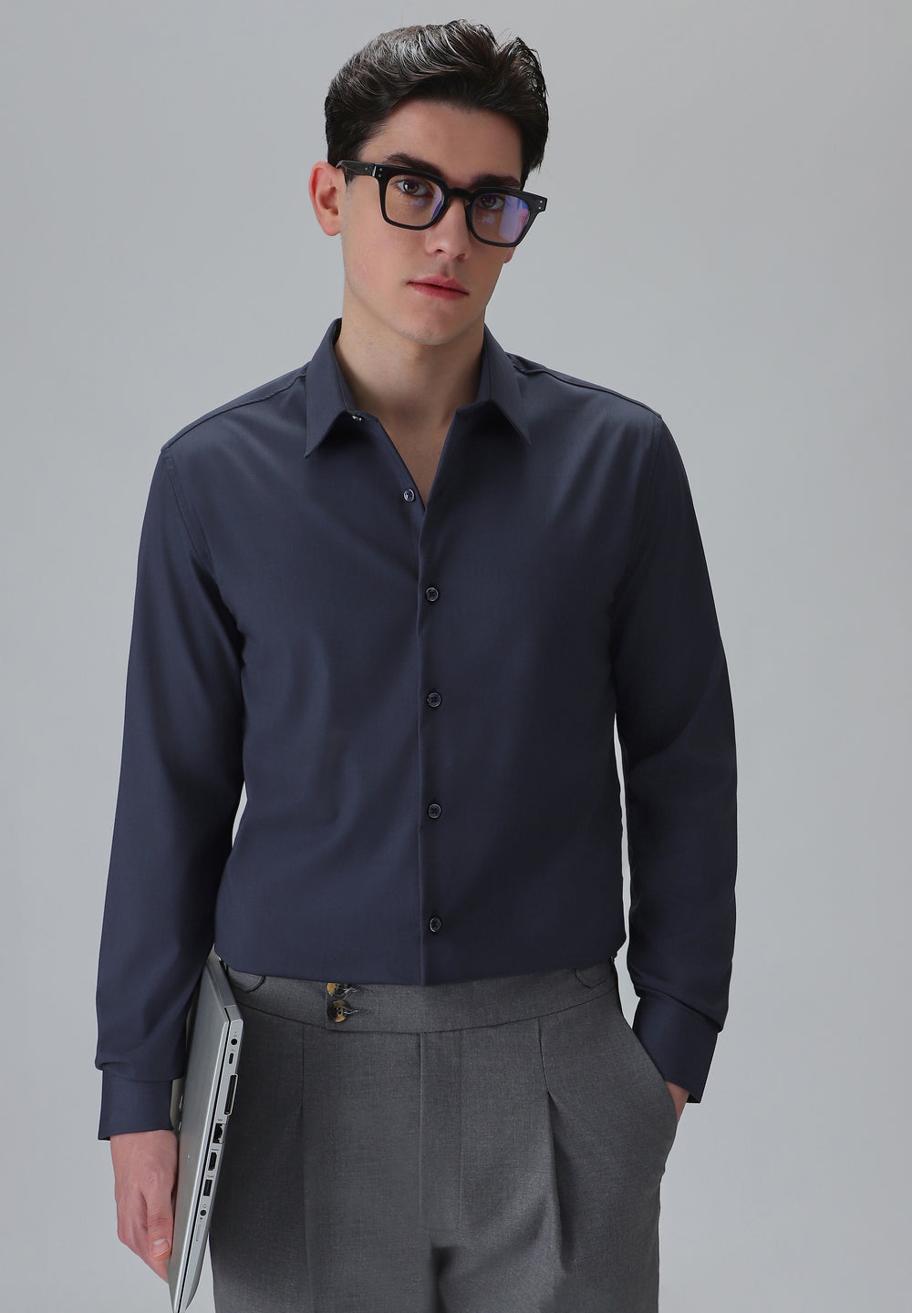 Melange Dark Blue Plain Wrinkle Free Shirt