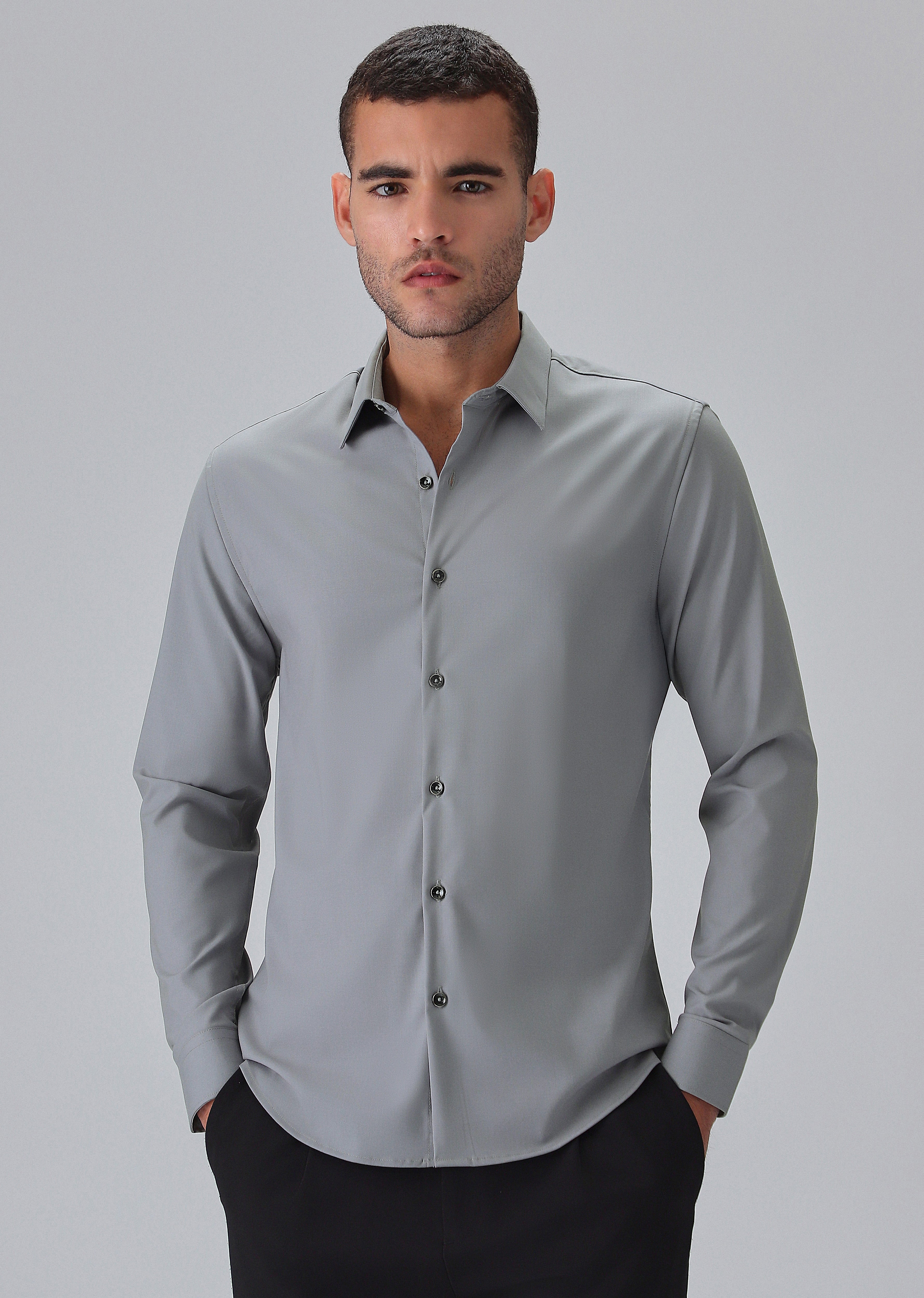 Melange Dark Grey Plain Wrinkle Free Shirt