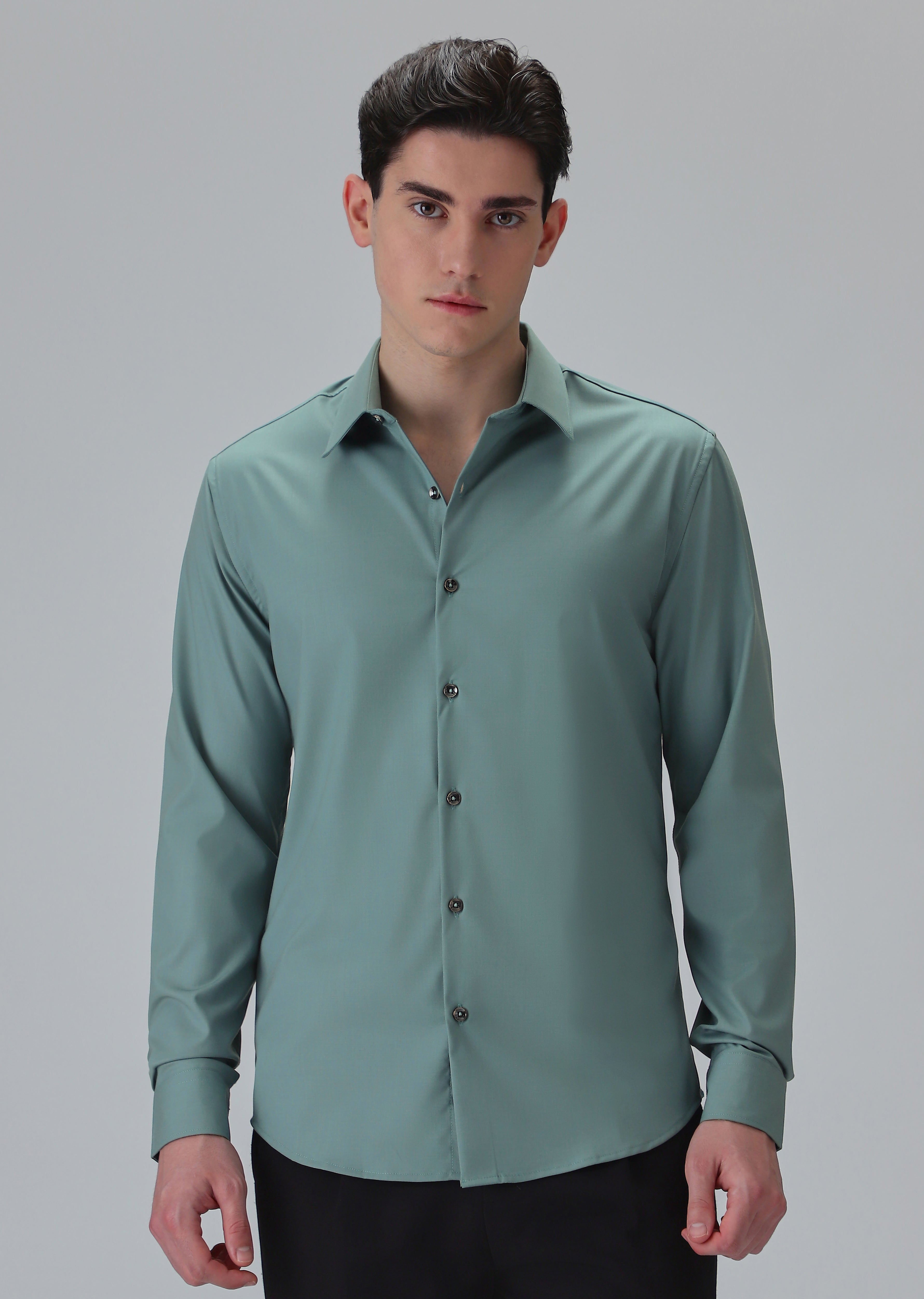 Melange Green Plain Wrinkle Free Shirt