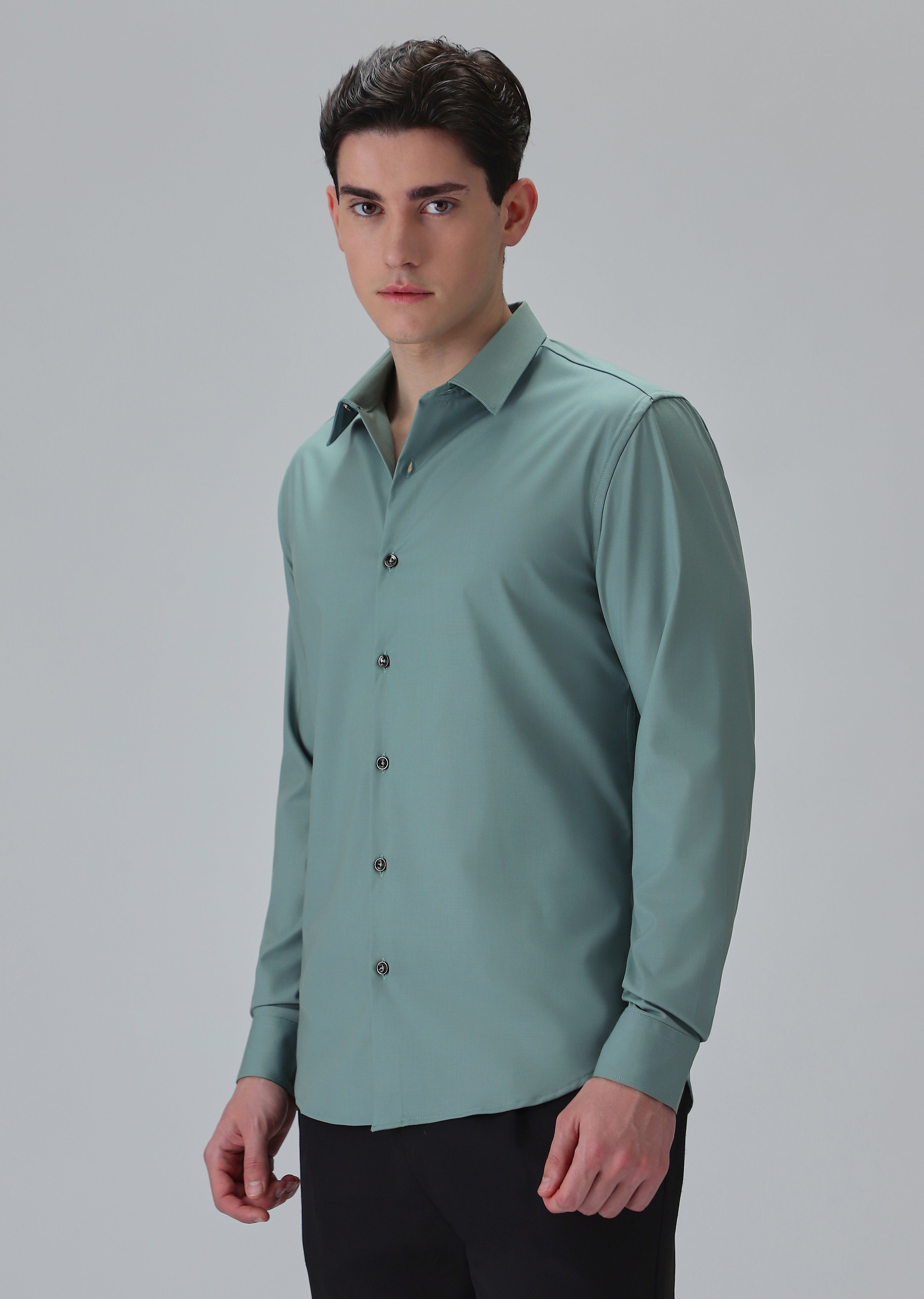 Melange Green Plain Wrinkle Free Shirt