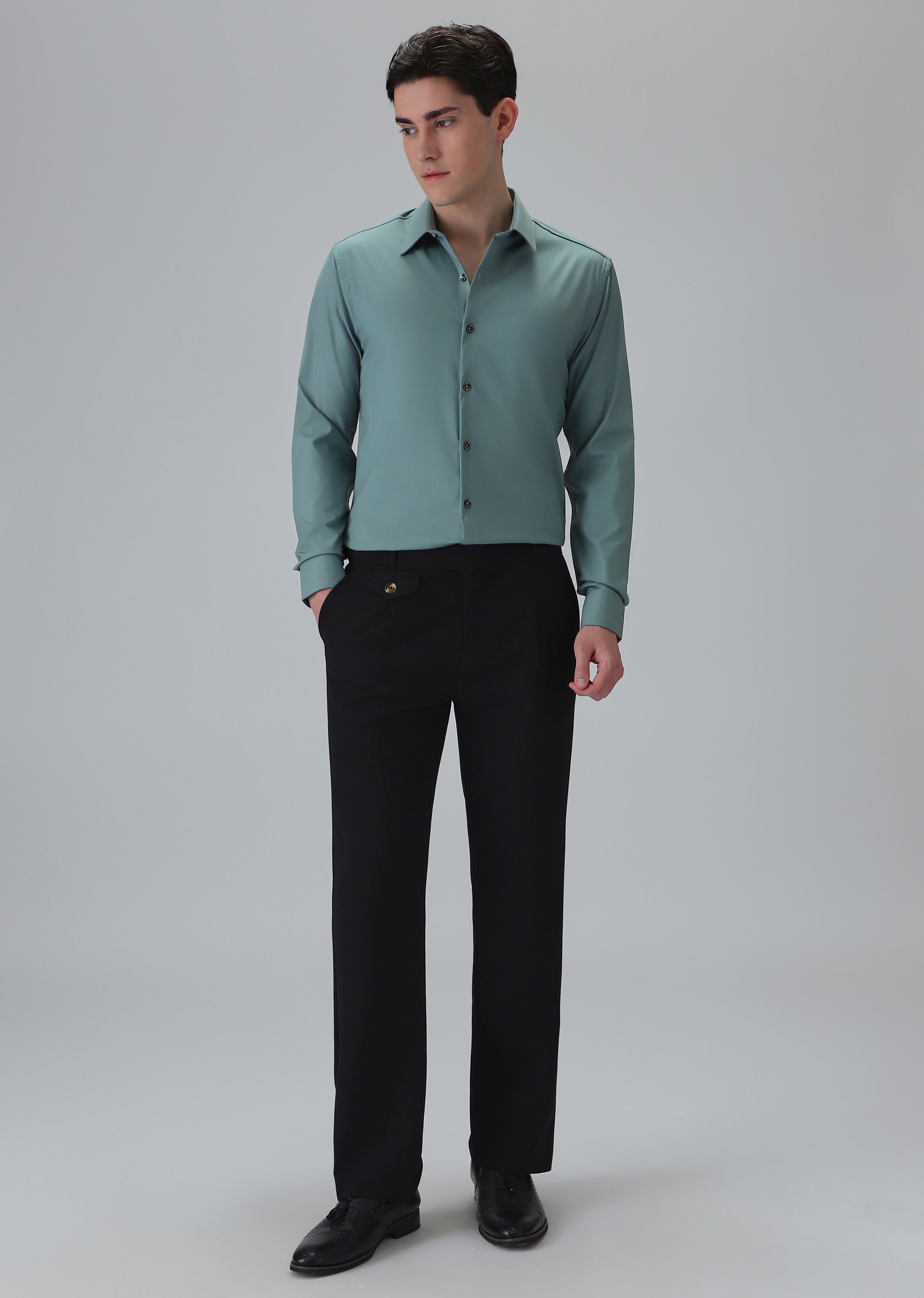 Melange Green Plain Wrinkle Free Shirt