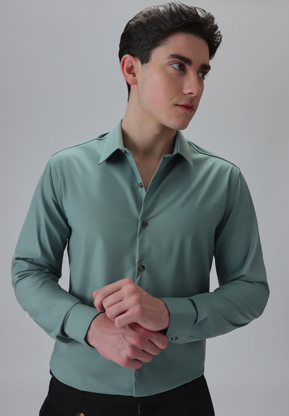 Melange Green Plain Wrinkle Free Shirt