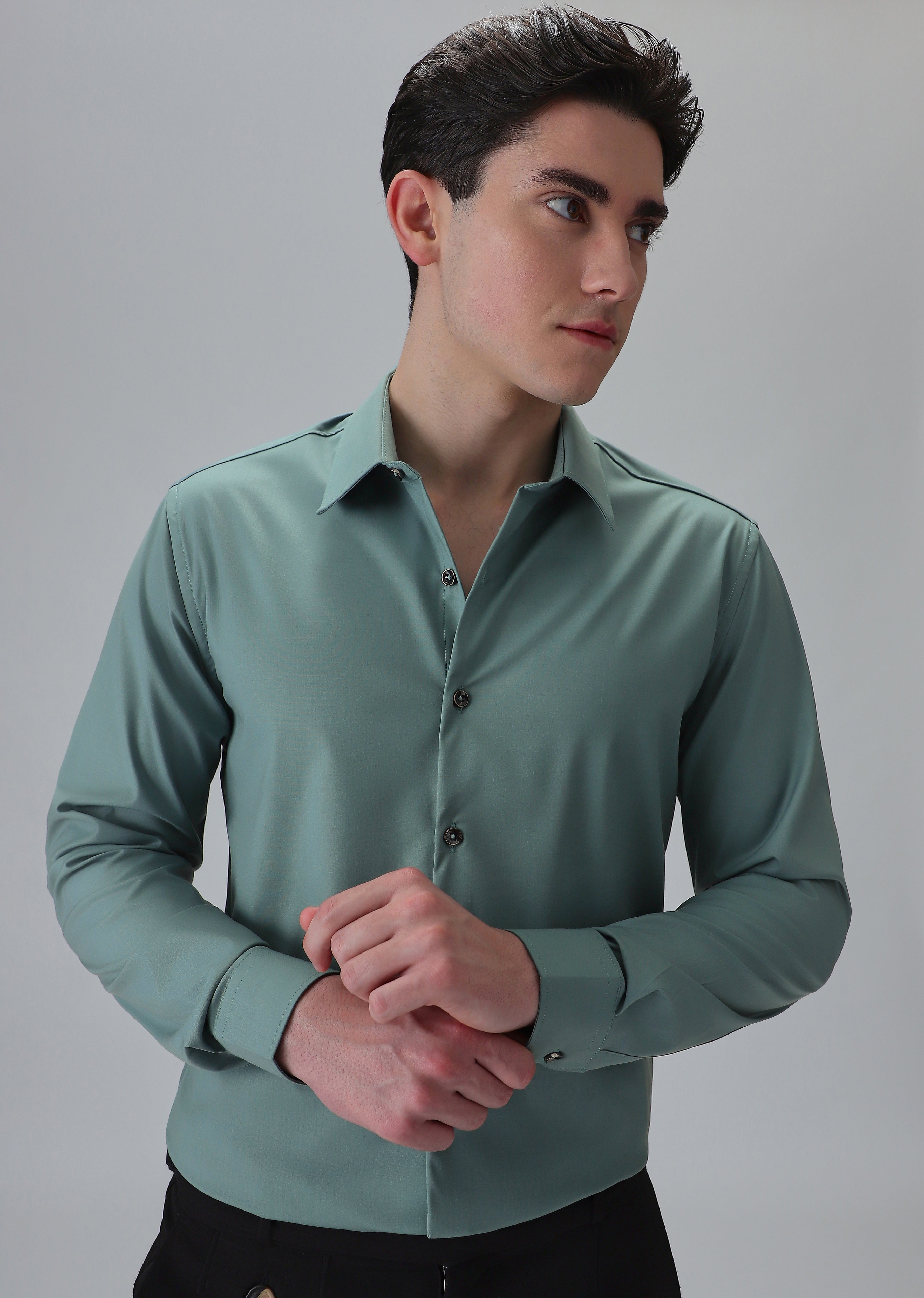 Melange Green Plain Wrinkle Free Shirt