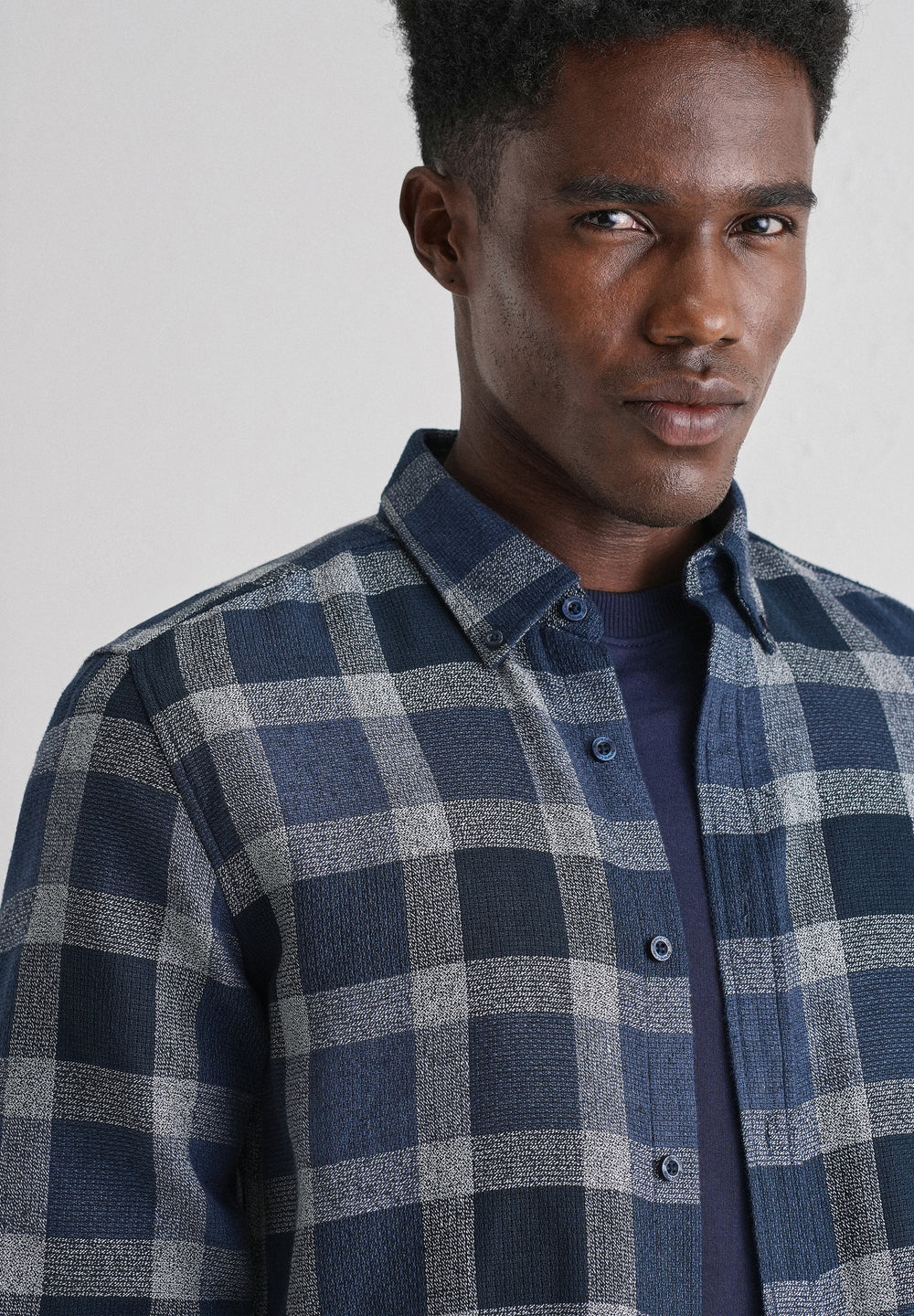 Melange Square Grid Blue Check Shirt