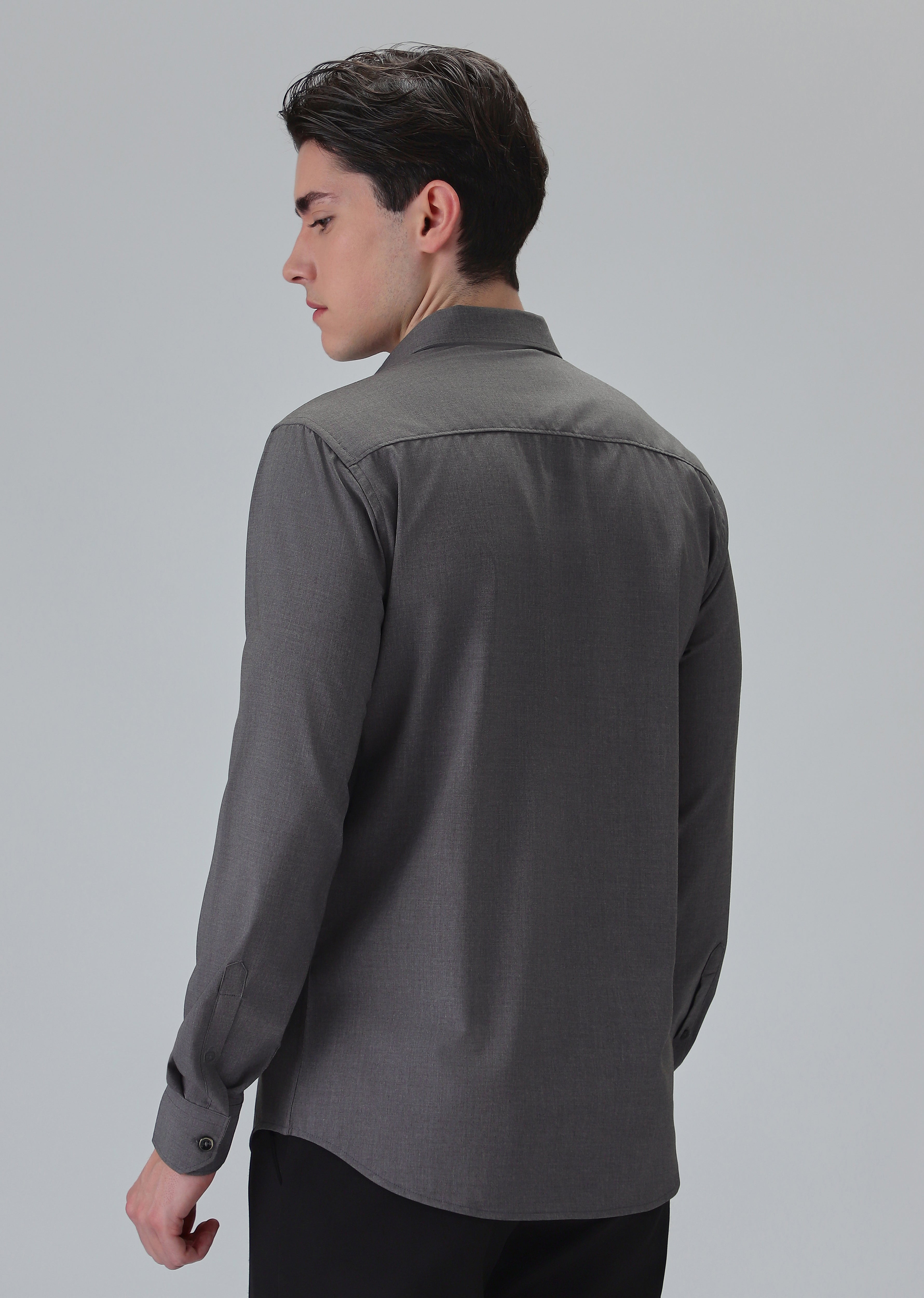 Melange Stone Grey Plain Wrinkle Free Shirt