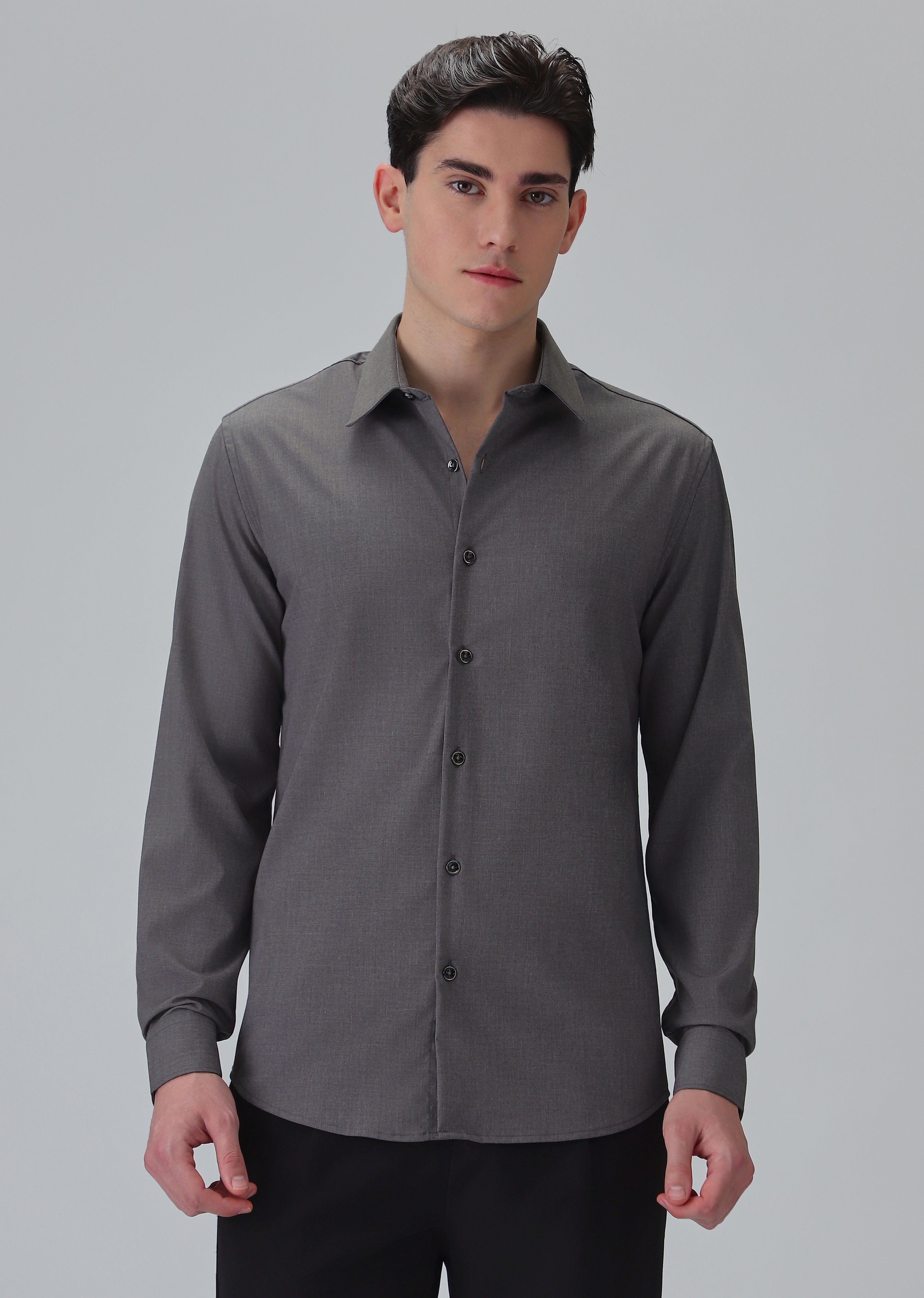 Melange Stone Grey Plain Wrinkle Free Shirt