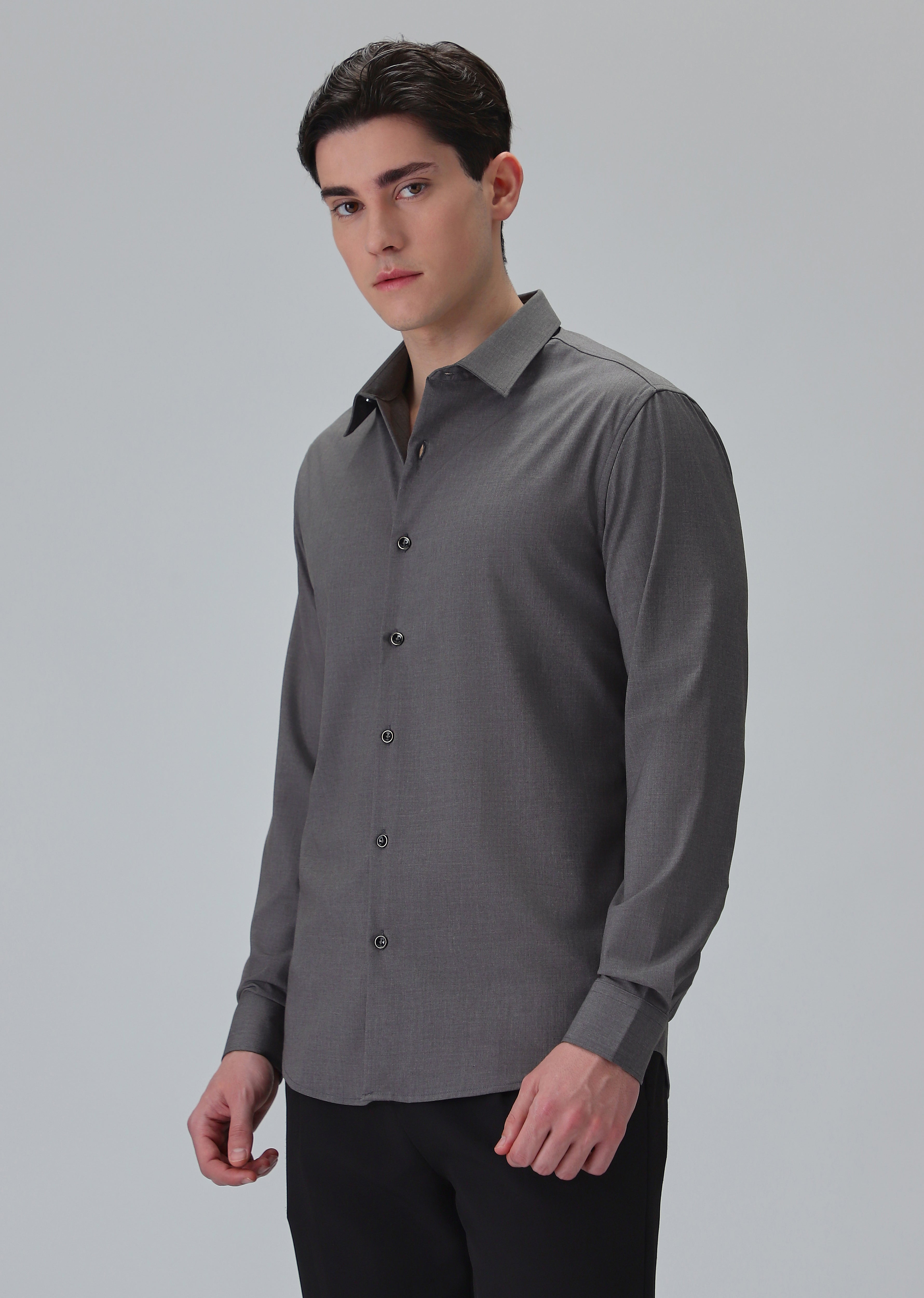 Melange Stone Grey Plain Wrinkle Free Shirt