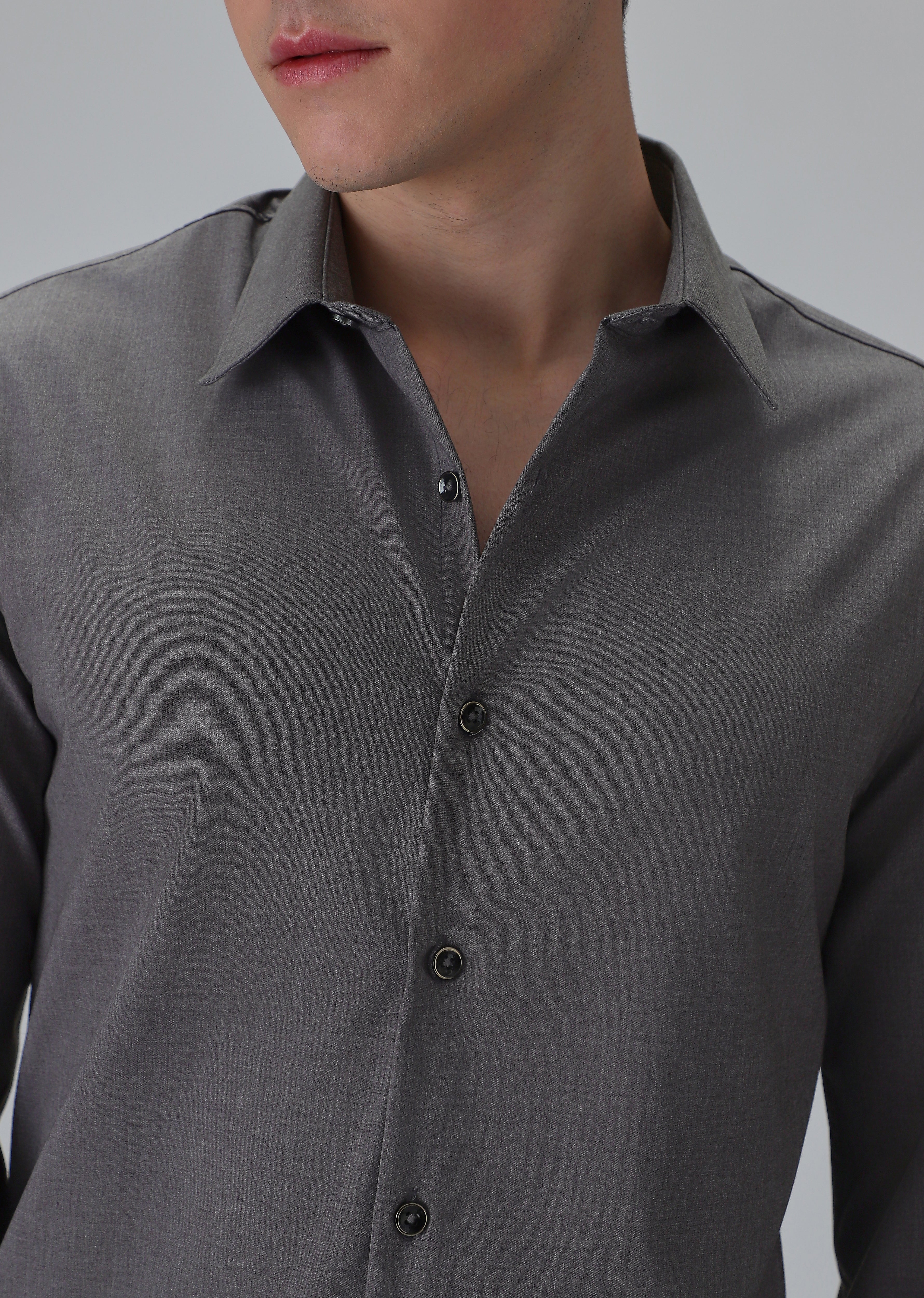 Melange Stone Grey Plain Wrinkle Free Shirt