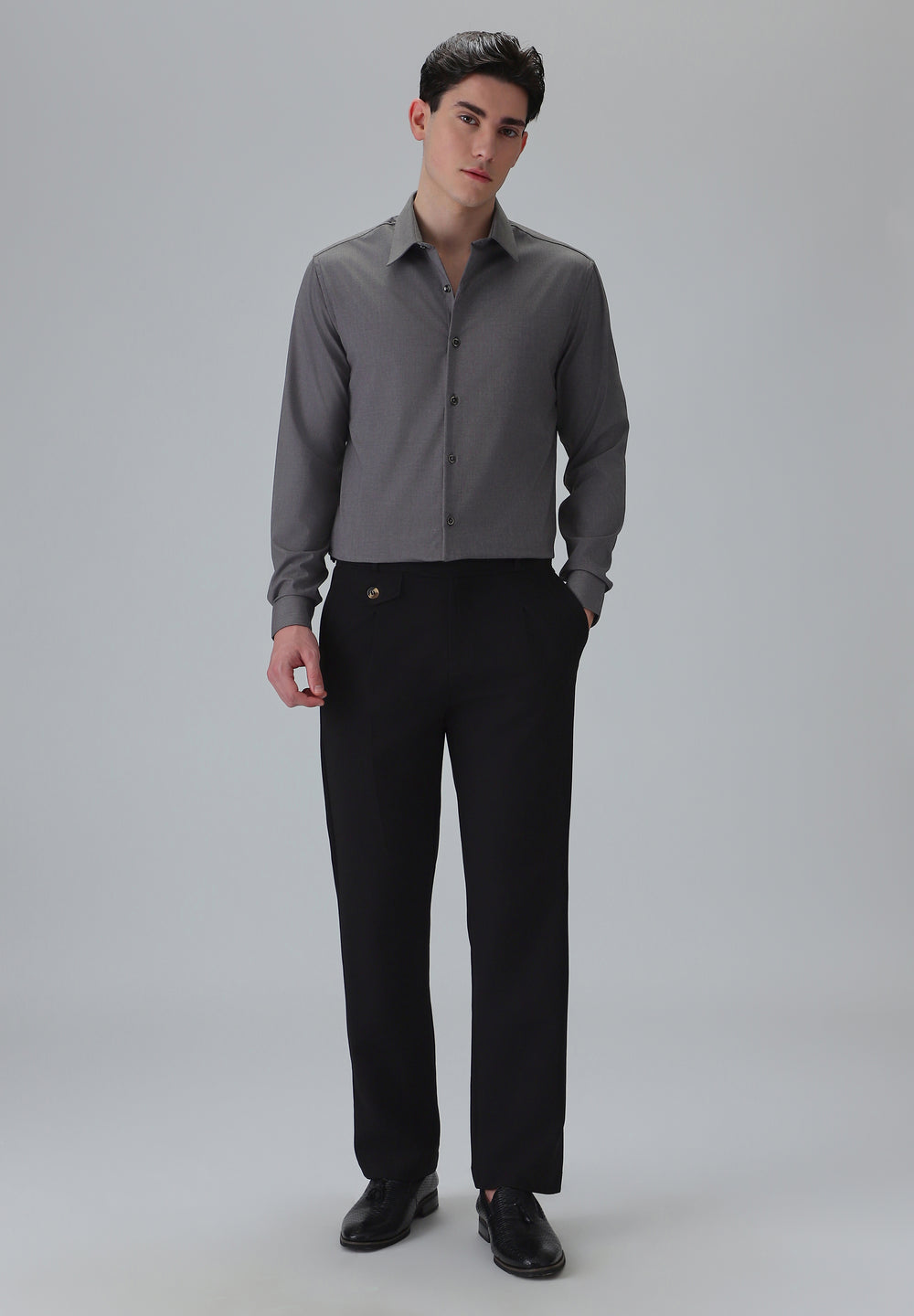 Melange Stone Grey Plain Wrinkle Free Shirt