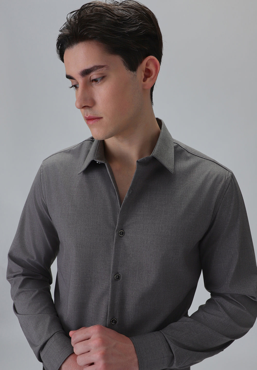 Melange Stone Grey Plain Wrinkle Free Shirt