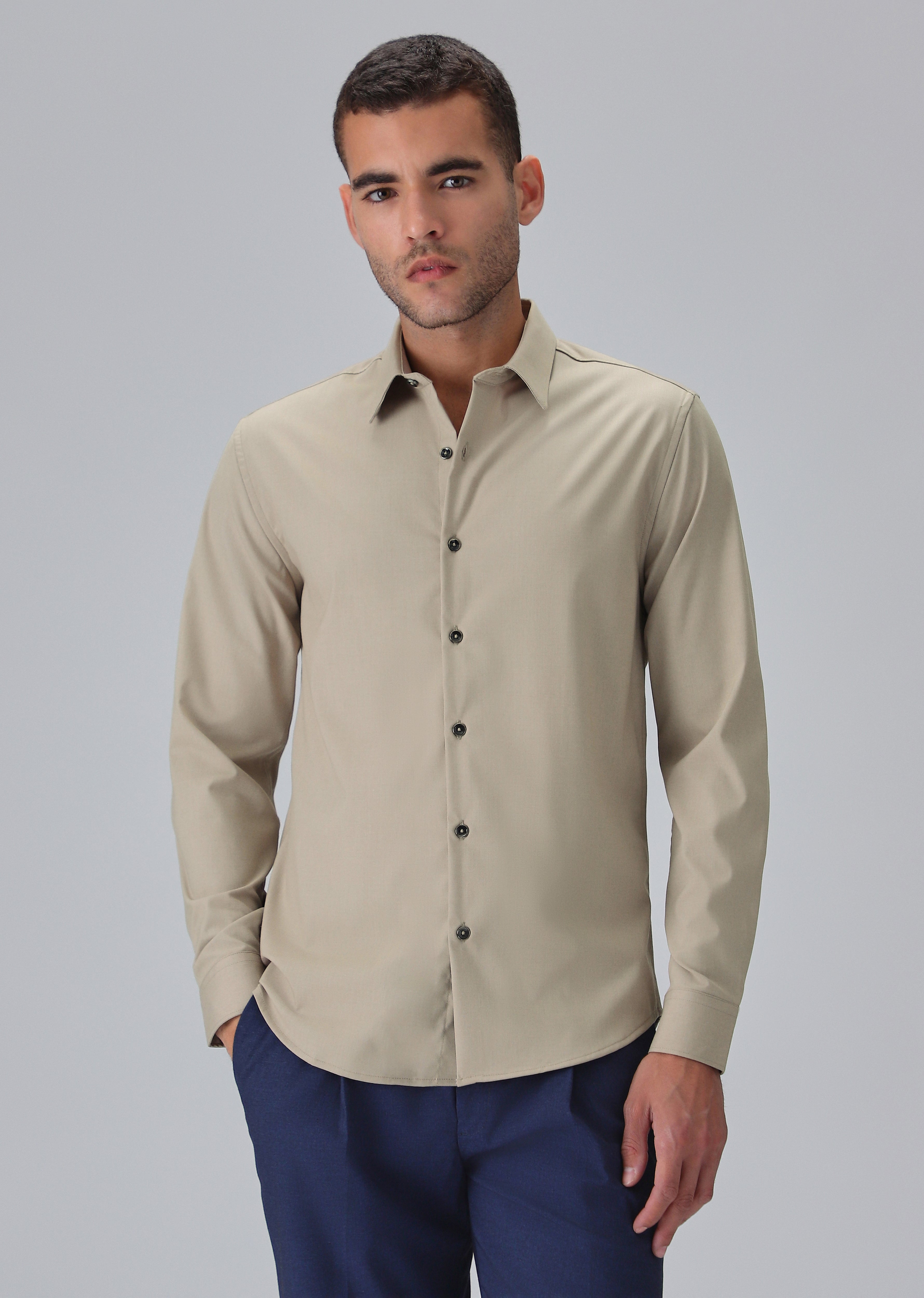 Melange Tan Plain Wrinkle Free Shirt