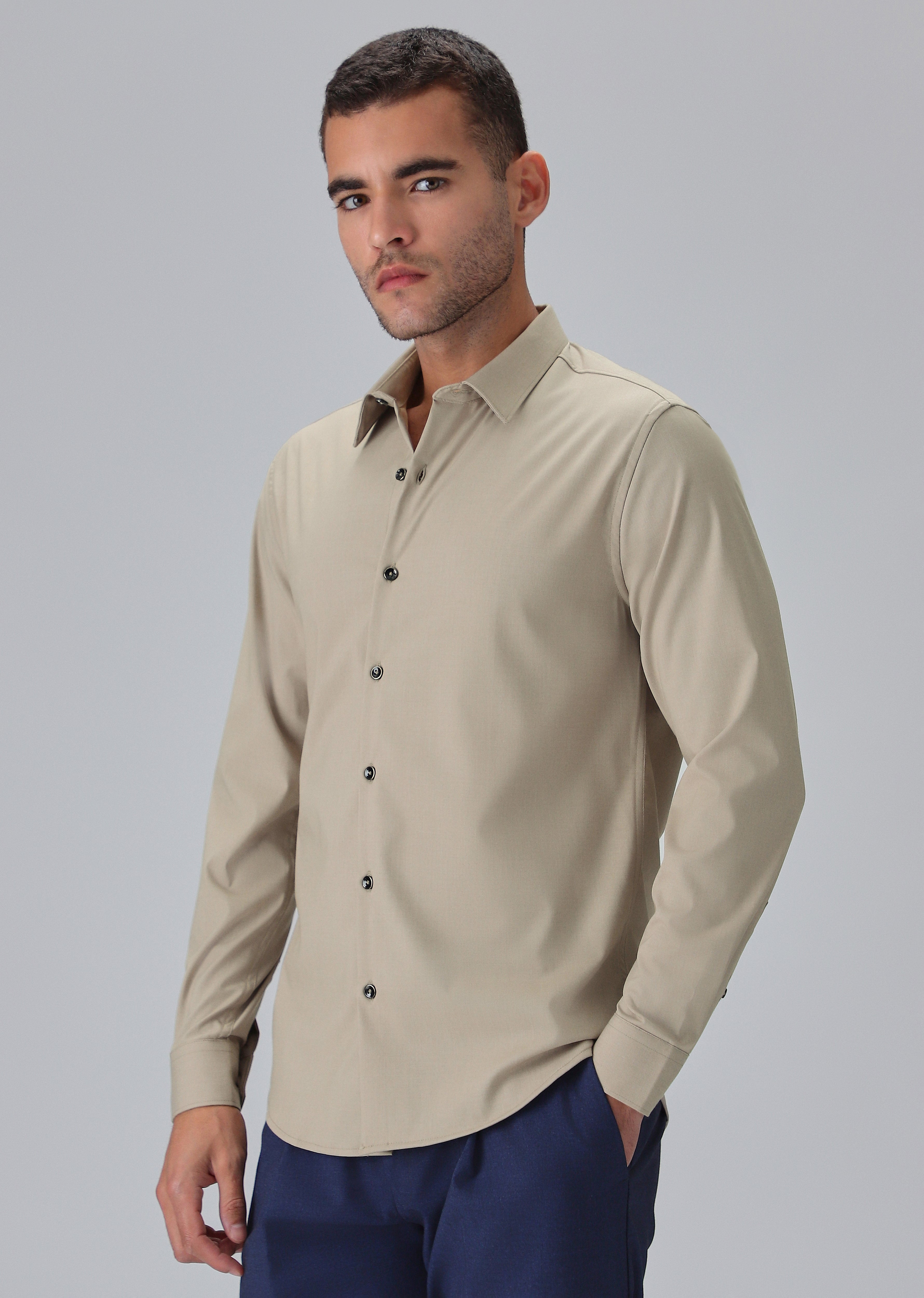 Melange Tan Plain Wrinkle Free Shirt