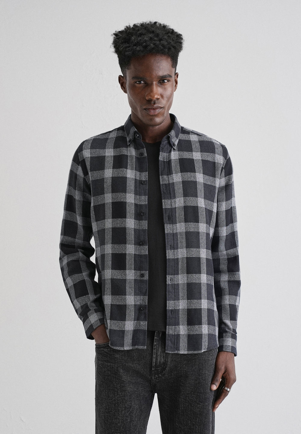 Melange Square Grid Black Check Shirt