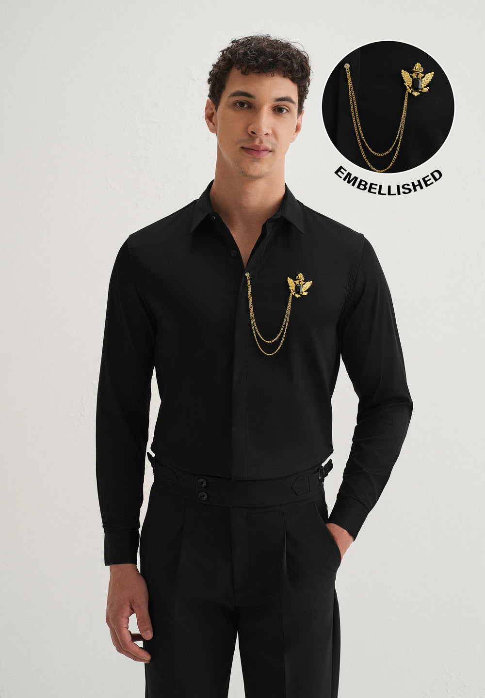 Metallic Bird Brooch Black Designer Shirt