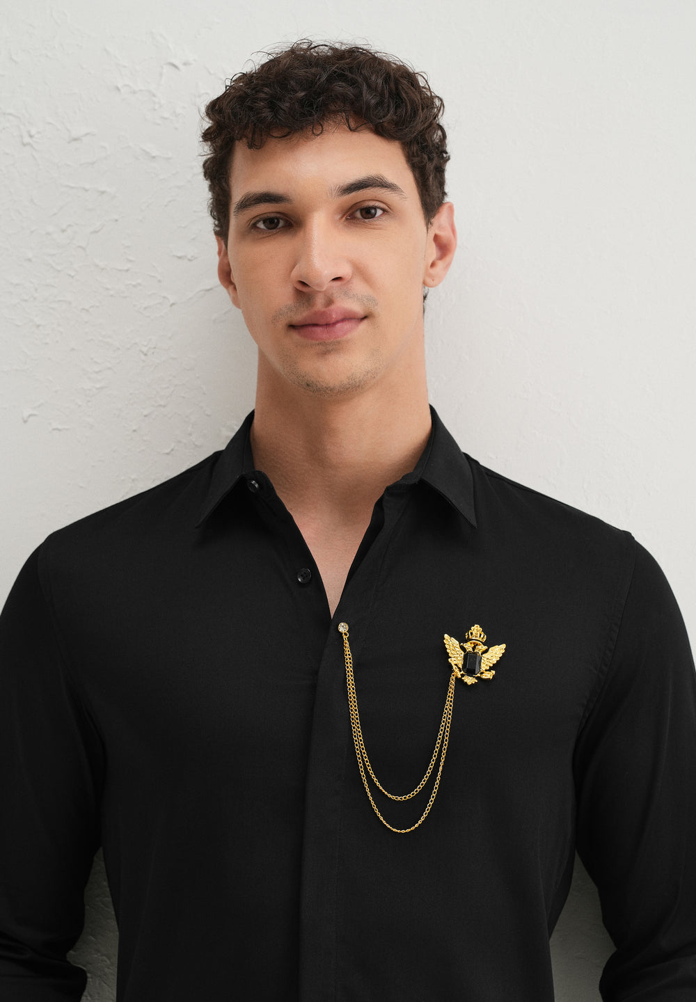 Metallic Bird Brooch Black Designer Shirt