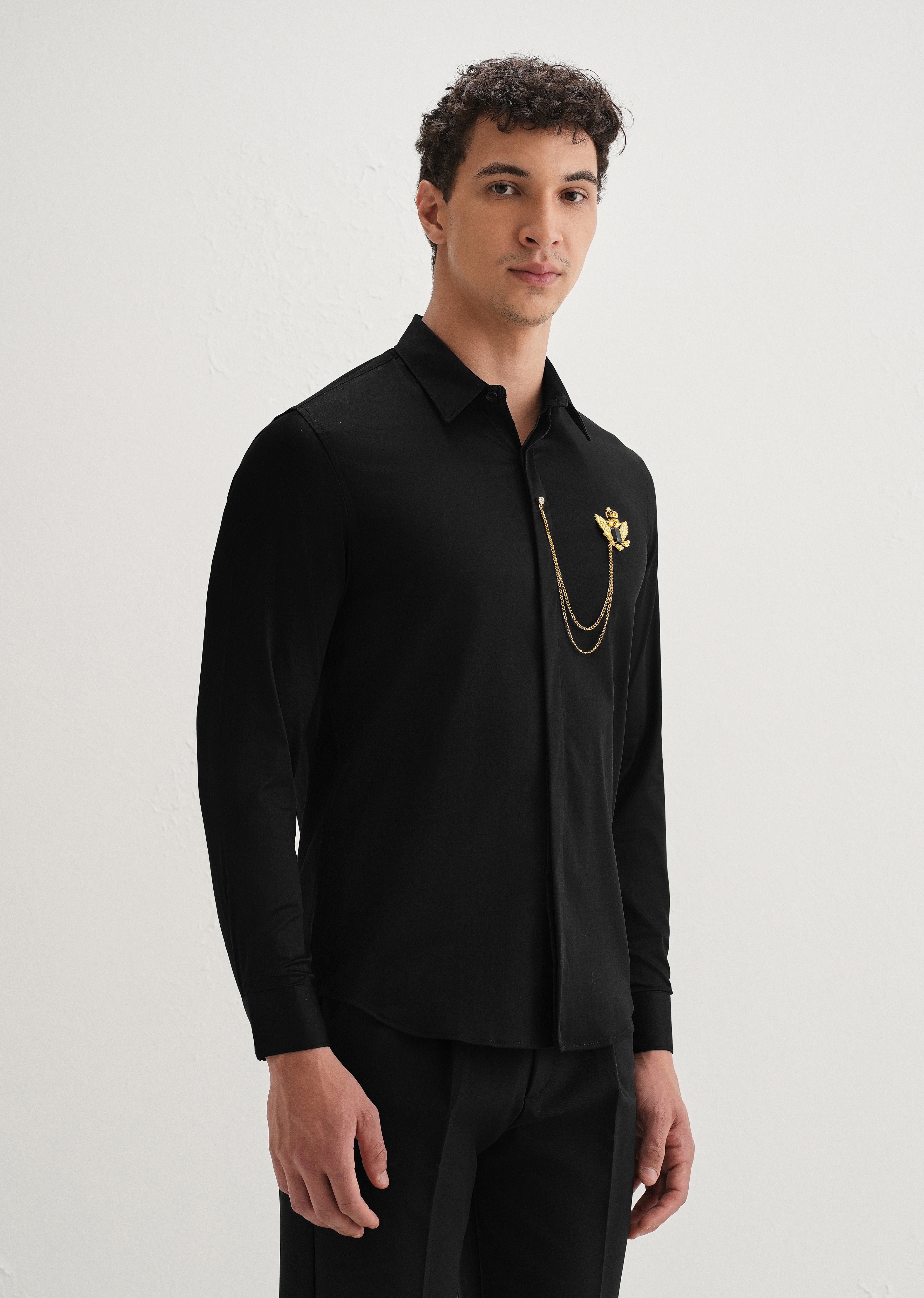 Metallic Bird Brooch Black Designer Shirt