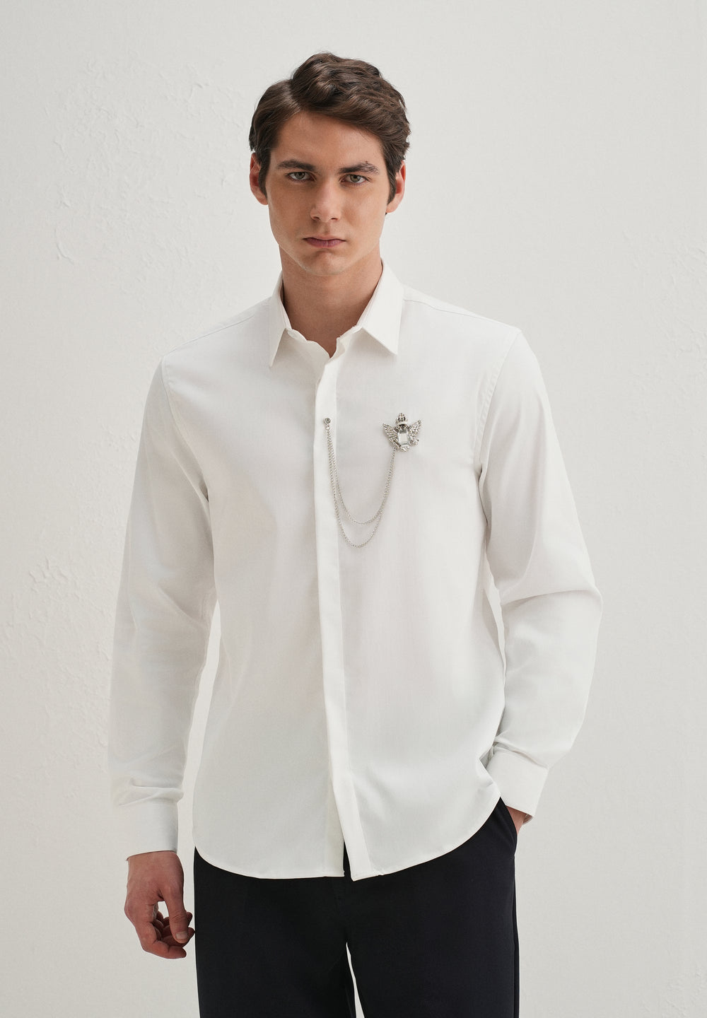 Metallic Bird Brooch White Designer Shirt