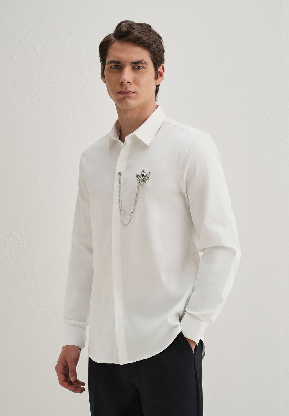 Metallic Bird Brooch White Designer Shirt