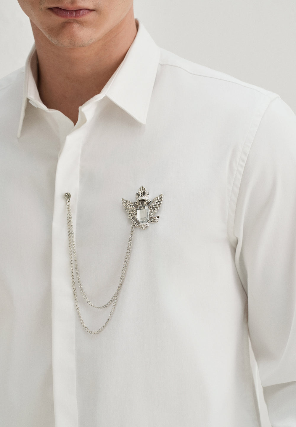 Metallic Bird Brooch White Designer Shirt