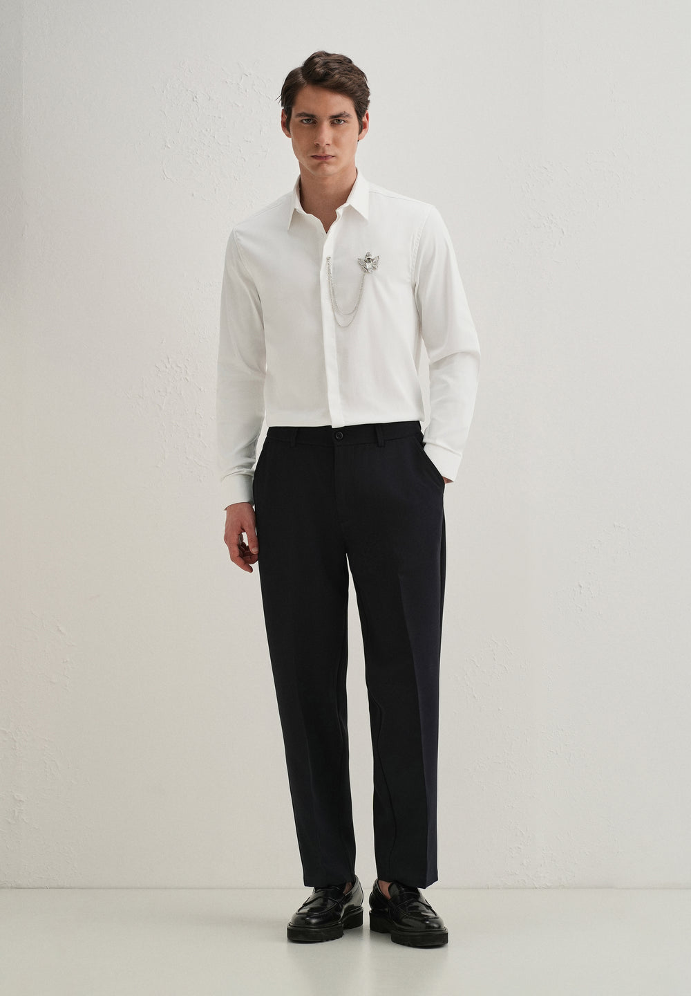 Metallic Bird Brooch White Designer Shirt