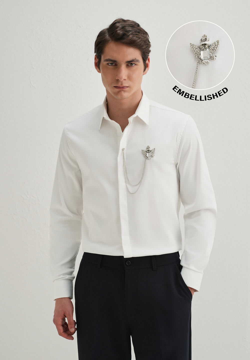 Metallic Bird Brooch White Designer Shirt