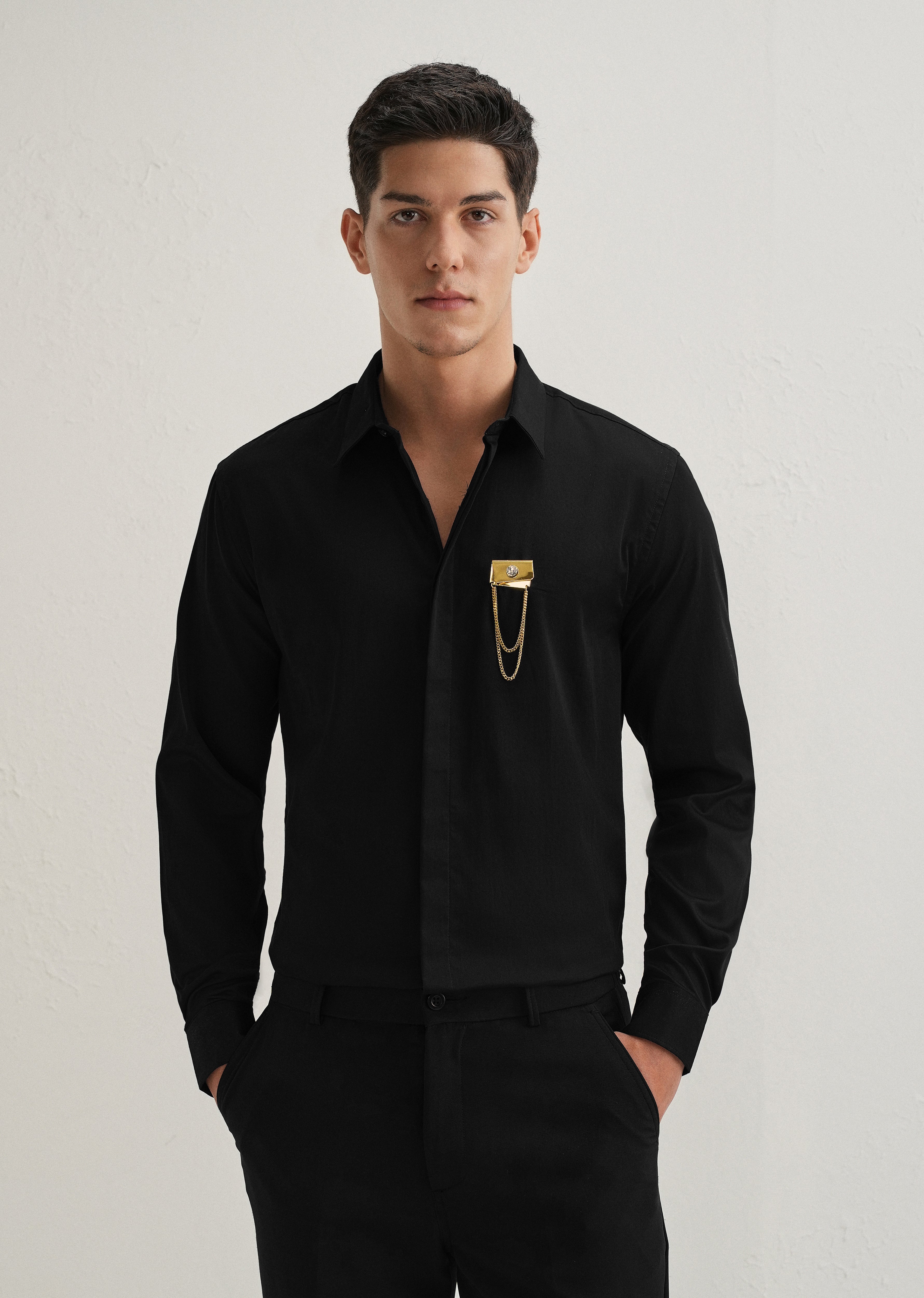 Metallic Chain Brooch Black Designer Shirt
