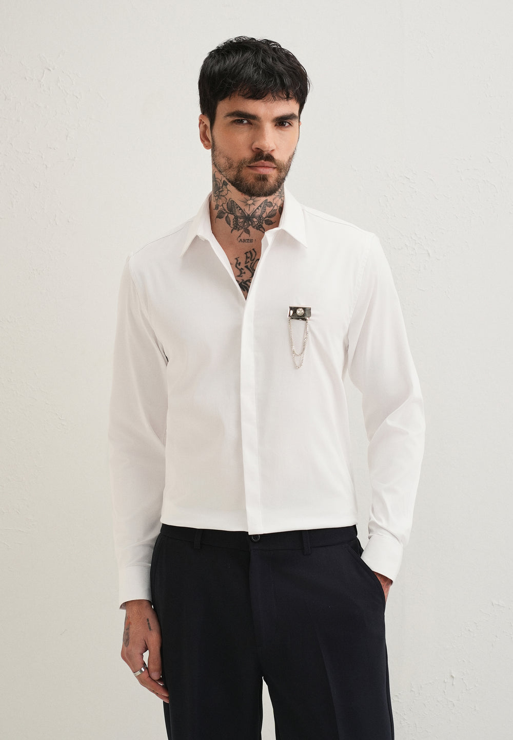 Metallic Chain Brooch White Designer Shirt