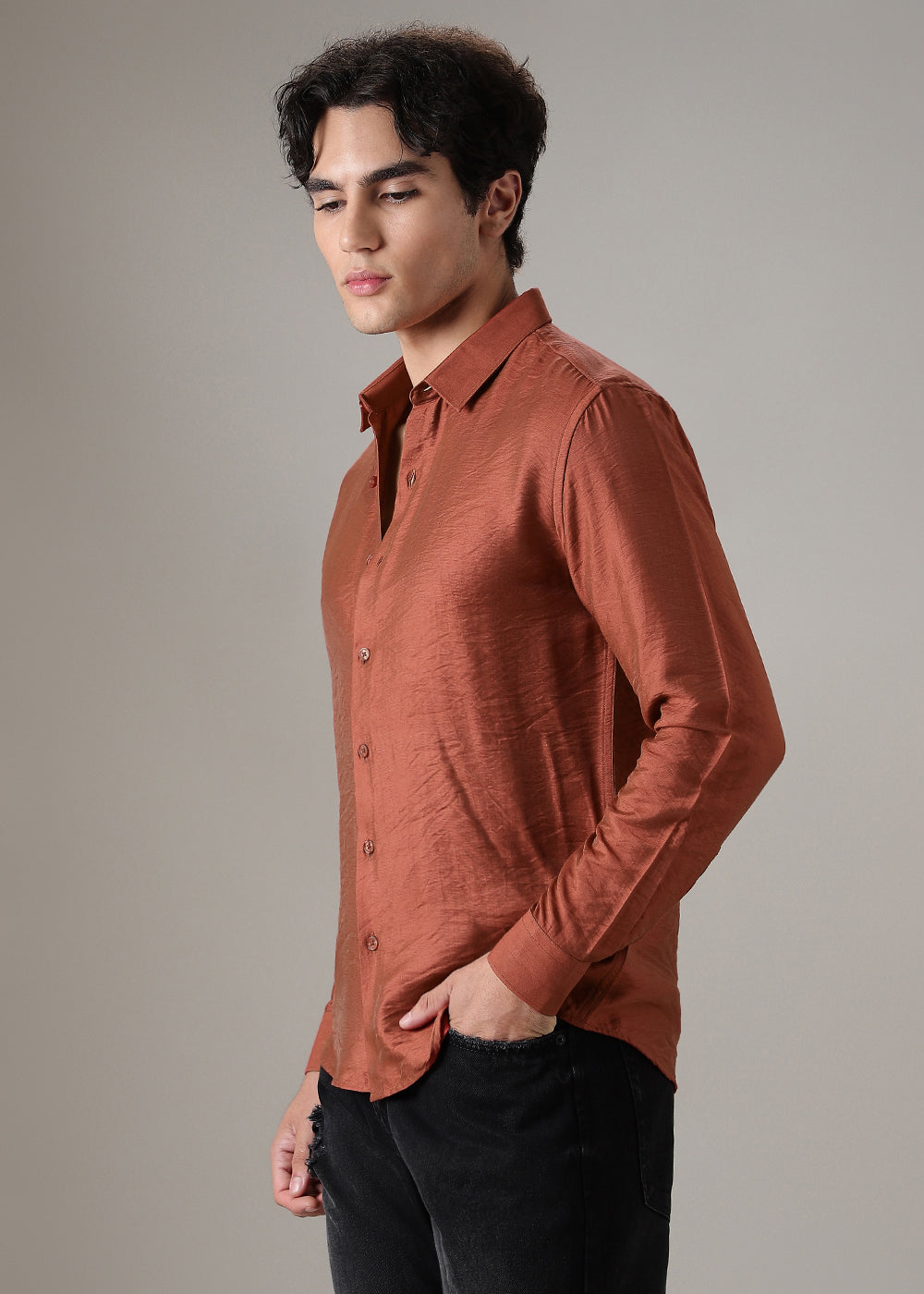 Metallic Orange Crushed Satin Shirt