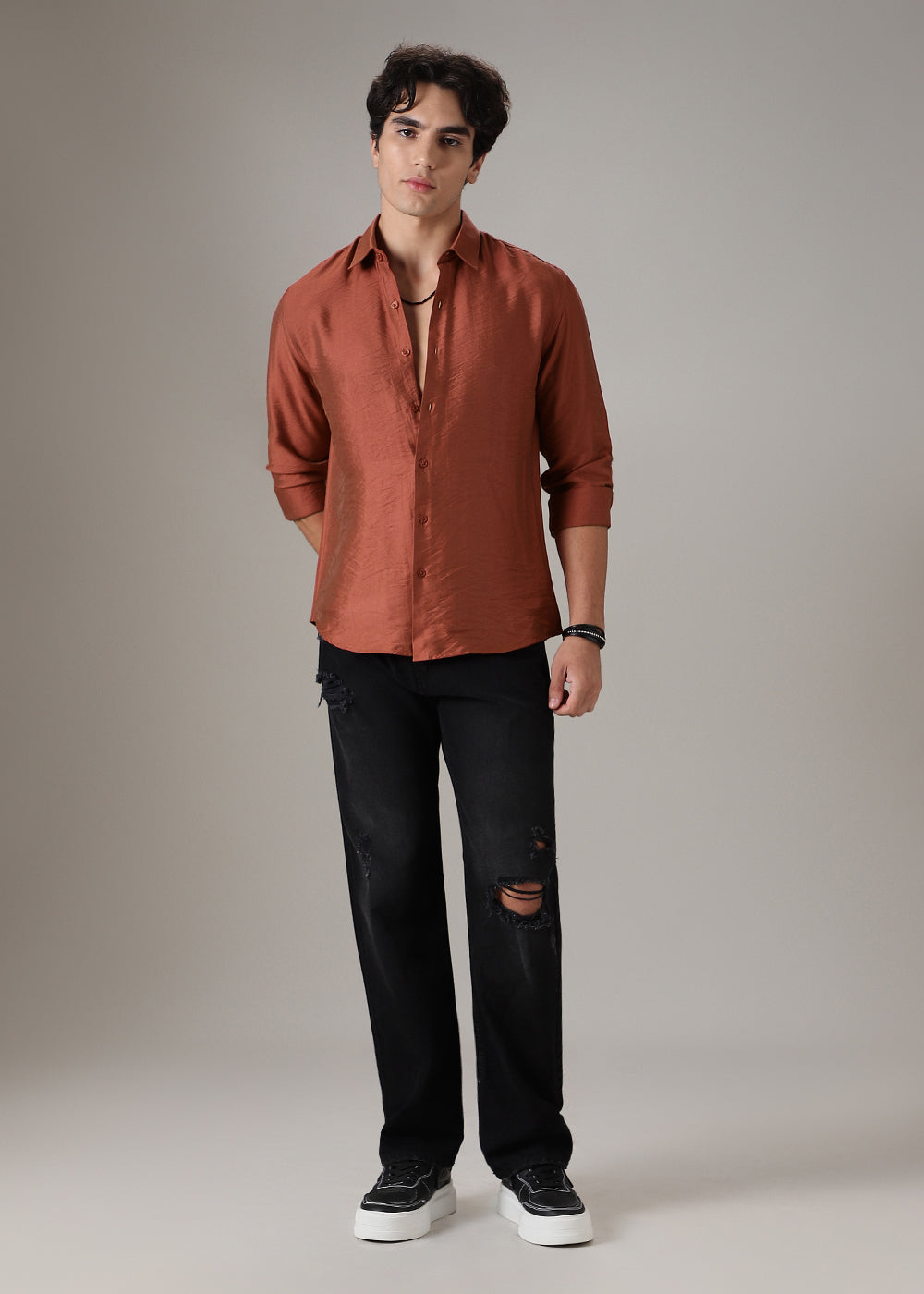 Metallic Orange Crushed Satin Shirt