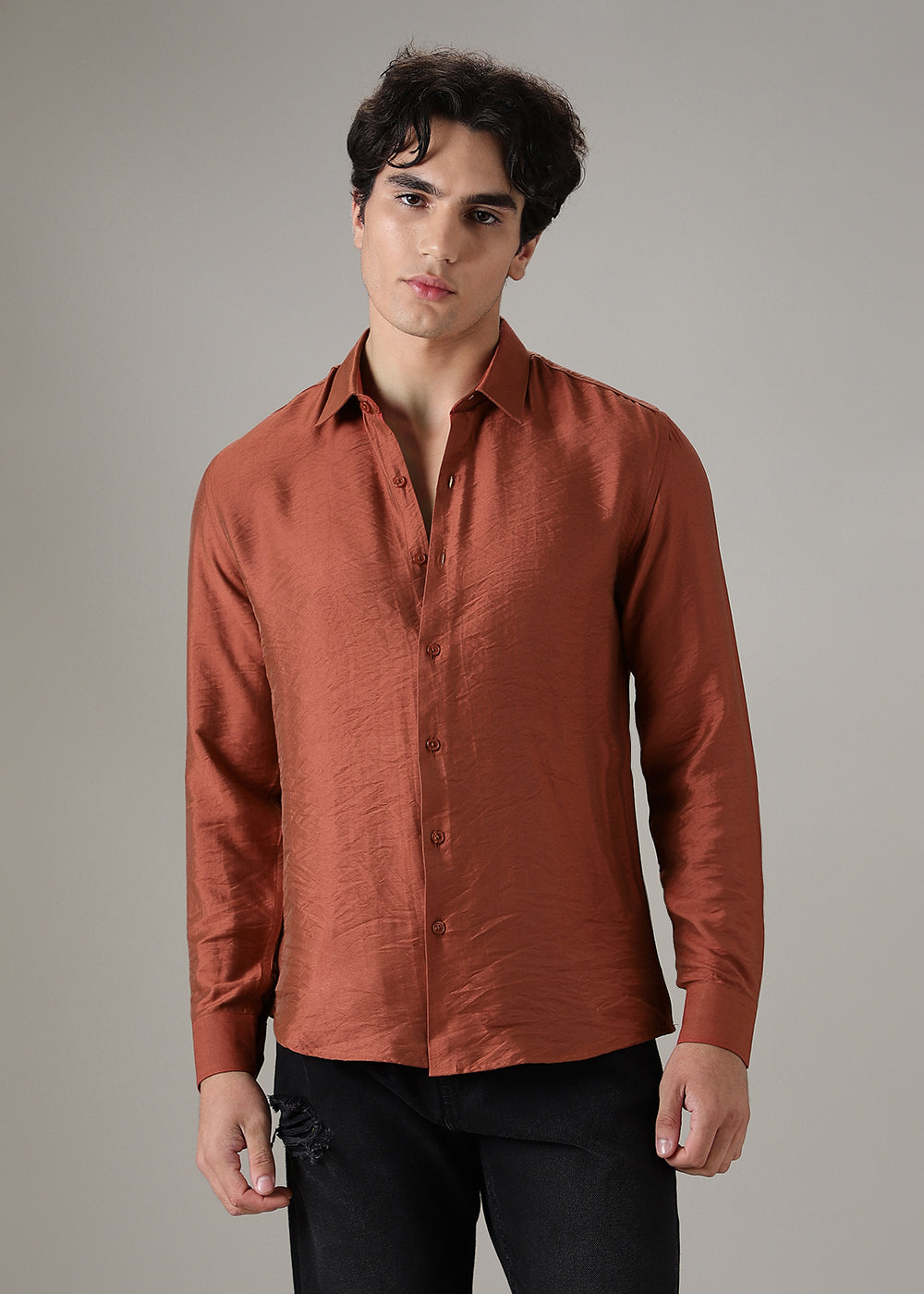 Metallic Orange Crushed Satin Shirt