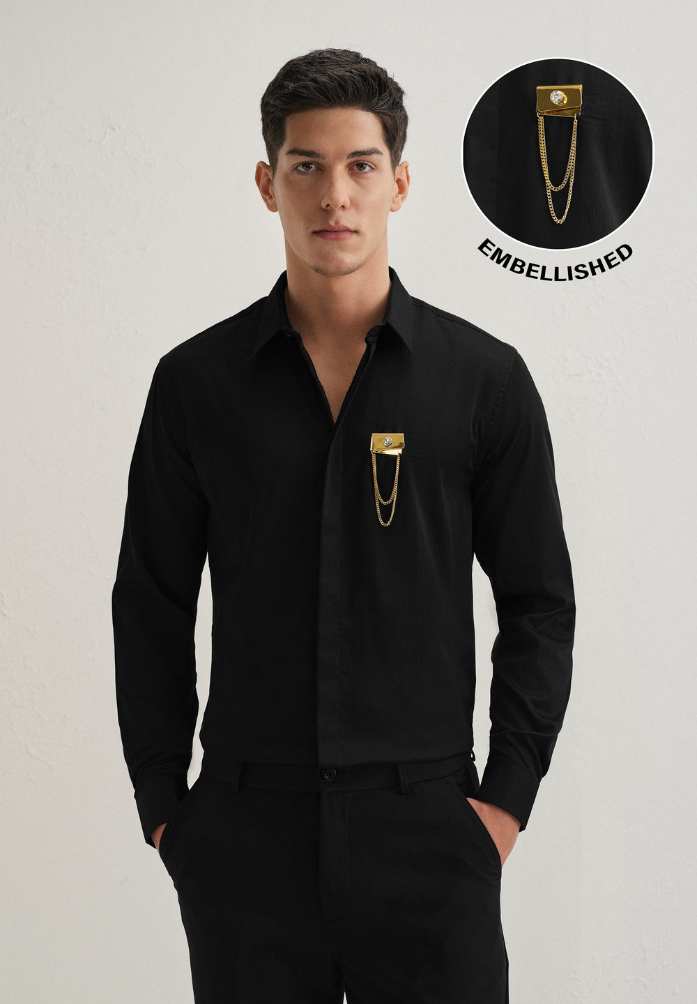Metallic Chain Brooch Black Designer Shirt