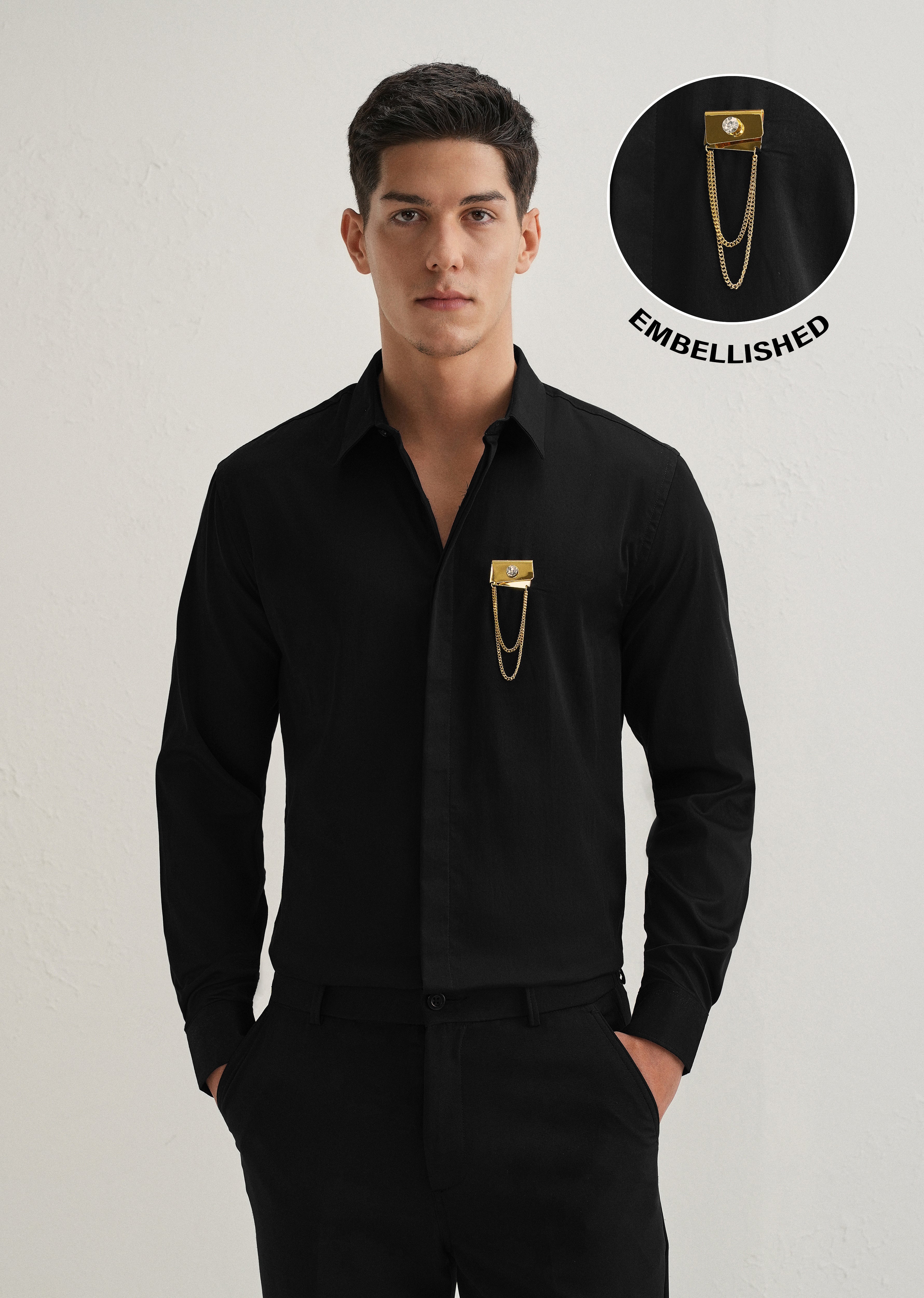 Metallic Chain Brooch Black Designer Shirt