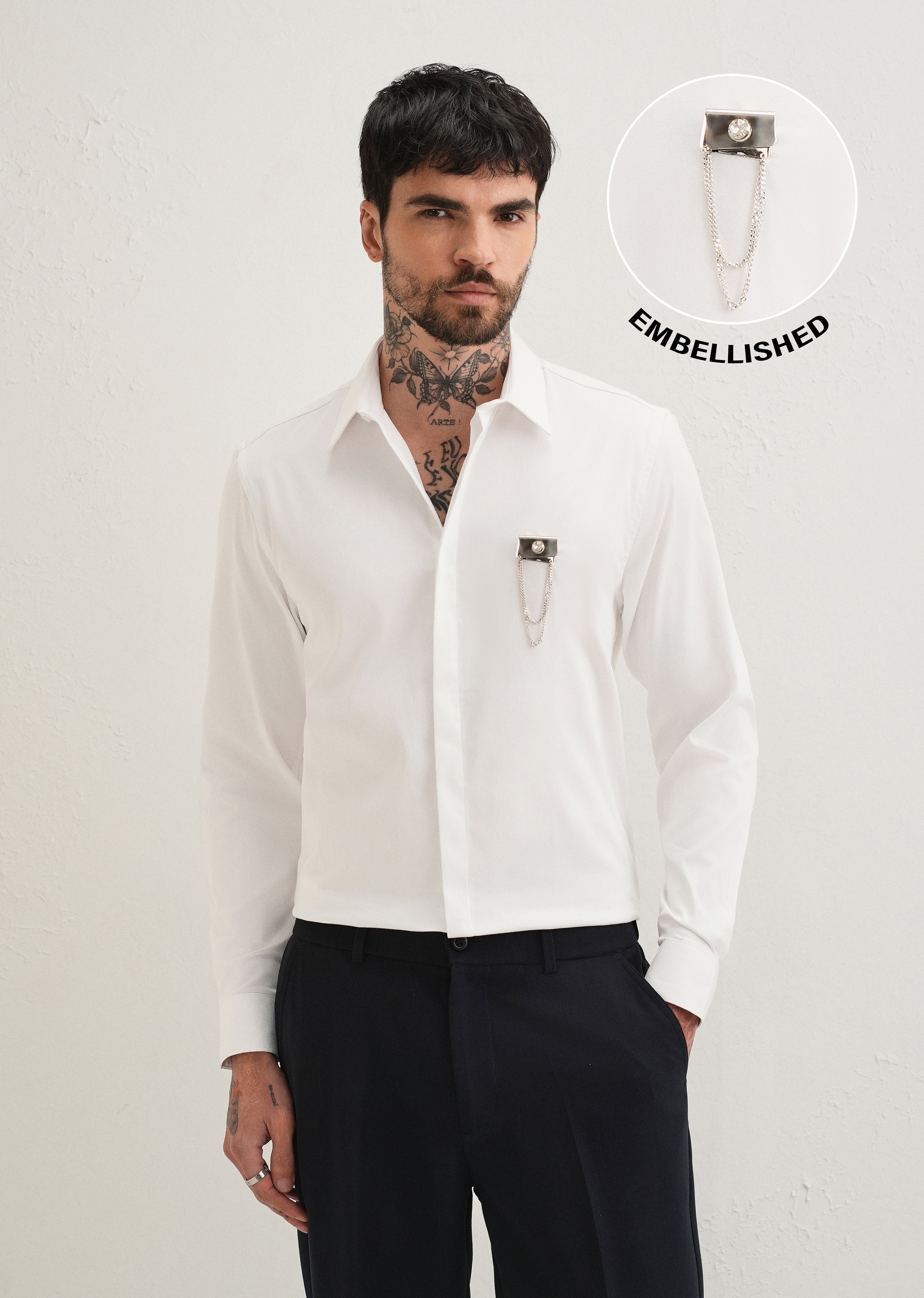 Metallic Chain Brooch White Designer Shirt